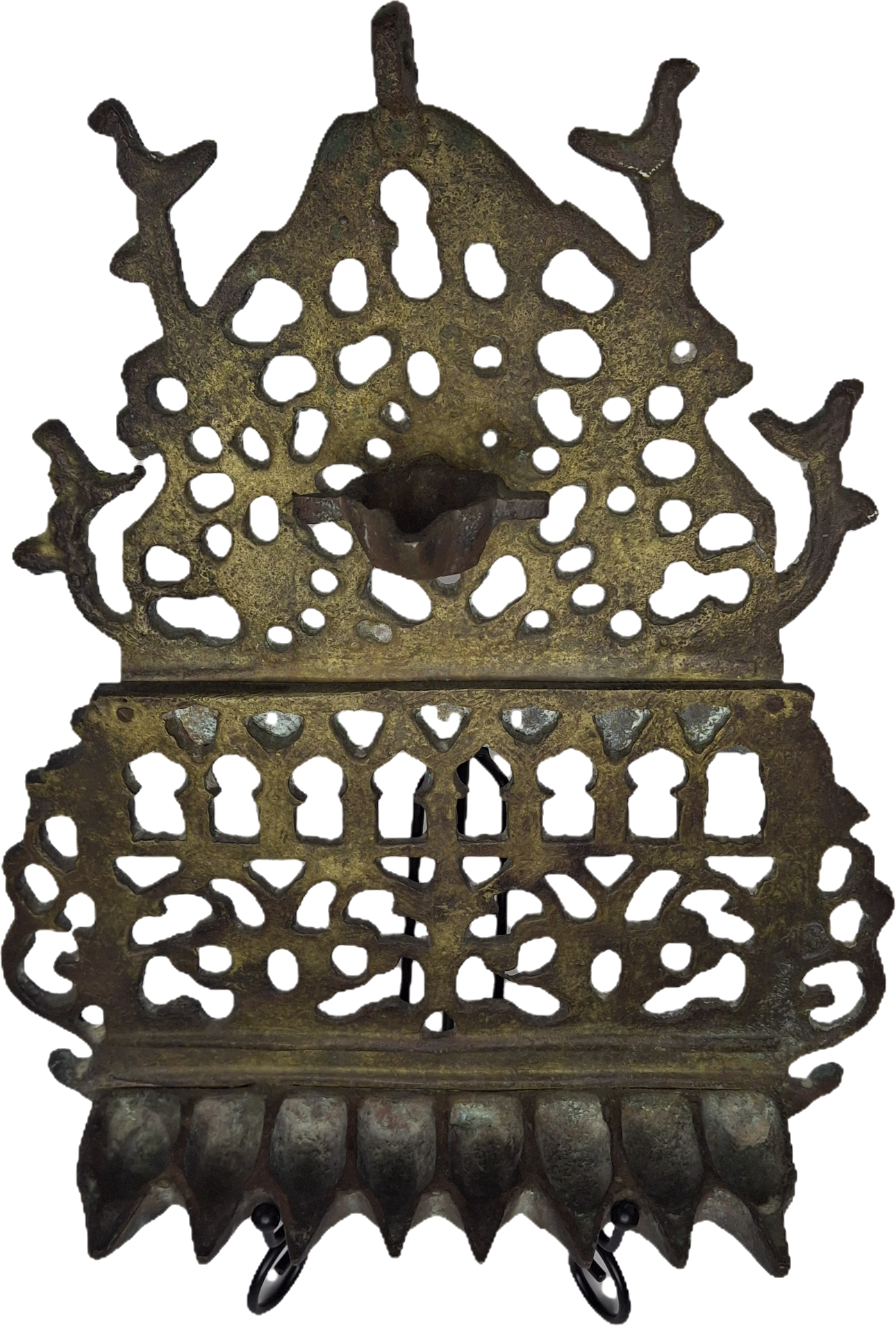 Antique 19th Century North African Bronze Hanukkah Menorah Oil Lamp - Heavy Cast Judaica with Traditional Motifs, Excellent Patina