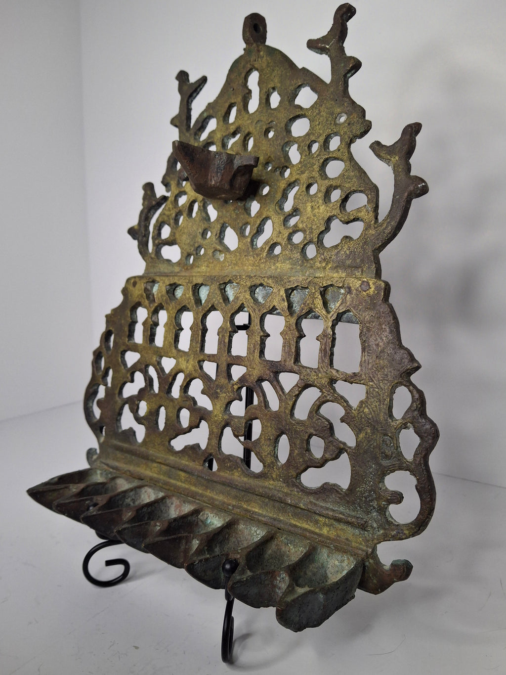 Antique 19th Century North African Bronze Hanukkah Menorah Oil Lamp - Heavy Cast Judaica with Traditional Motifs, Excellent Patina