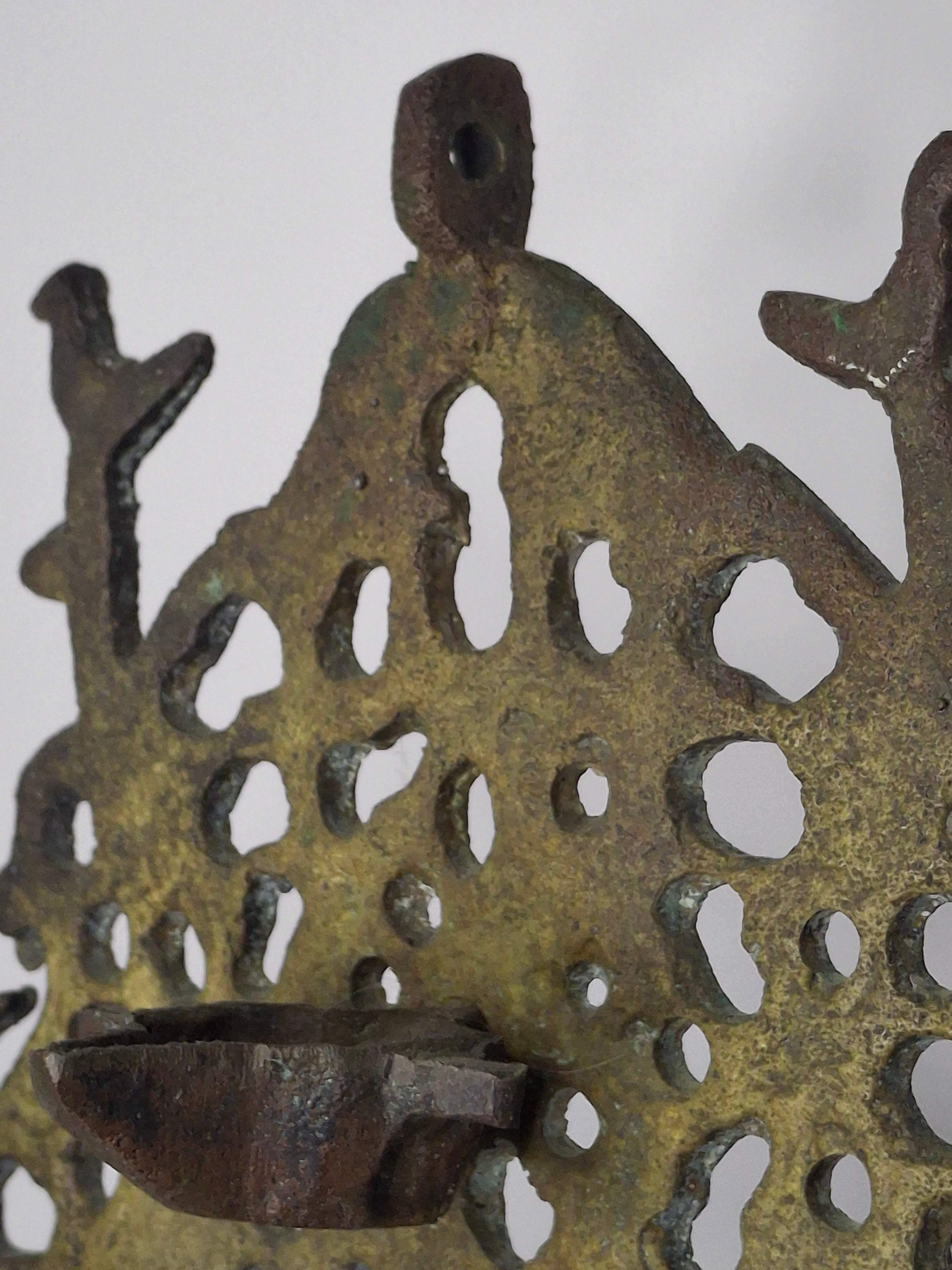 Antique 19th Century North African Bronze Hanukkah Menorah Oil Lamp - Heavy Cast Judaica with Traditional Motifs, Excellent Patina