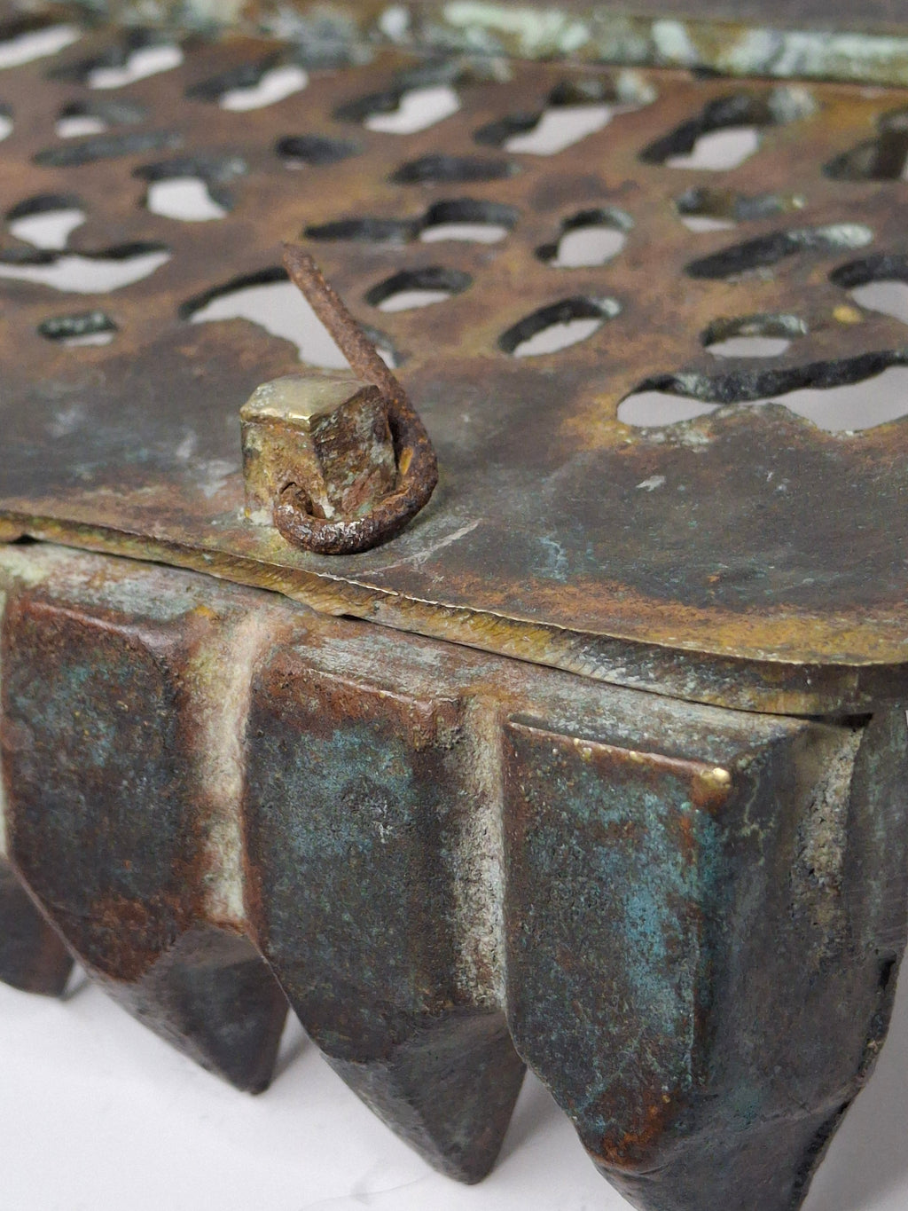 Antique 19th Century North African Bronze Hanukkah Menorah Oil Lamp - Heavy Cast Judaica with Traditional Motifs, Excellent Patina