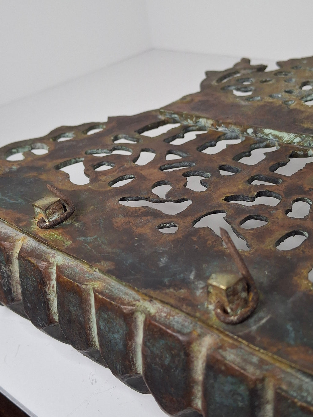 Antique 19th Century North African Bronze Hanukkah Menorah Oil Lamp - Heavy Cast Judaica with Traditional Motifs, Excellent Patina