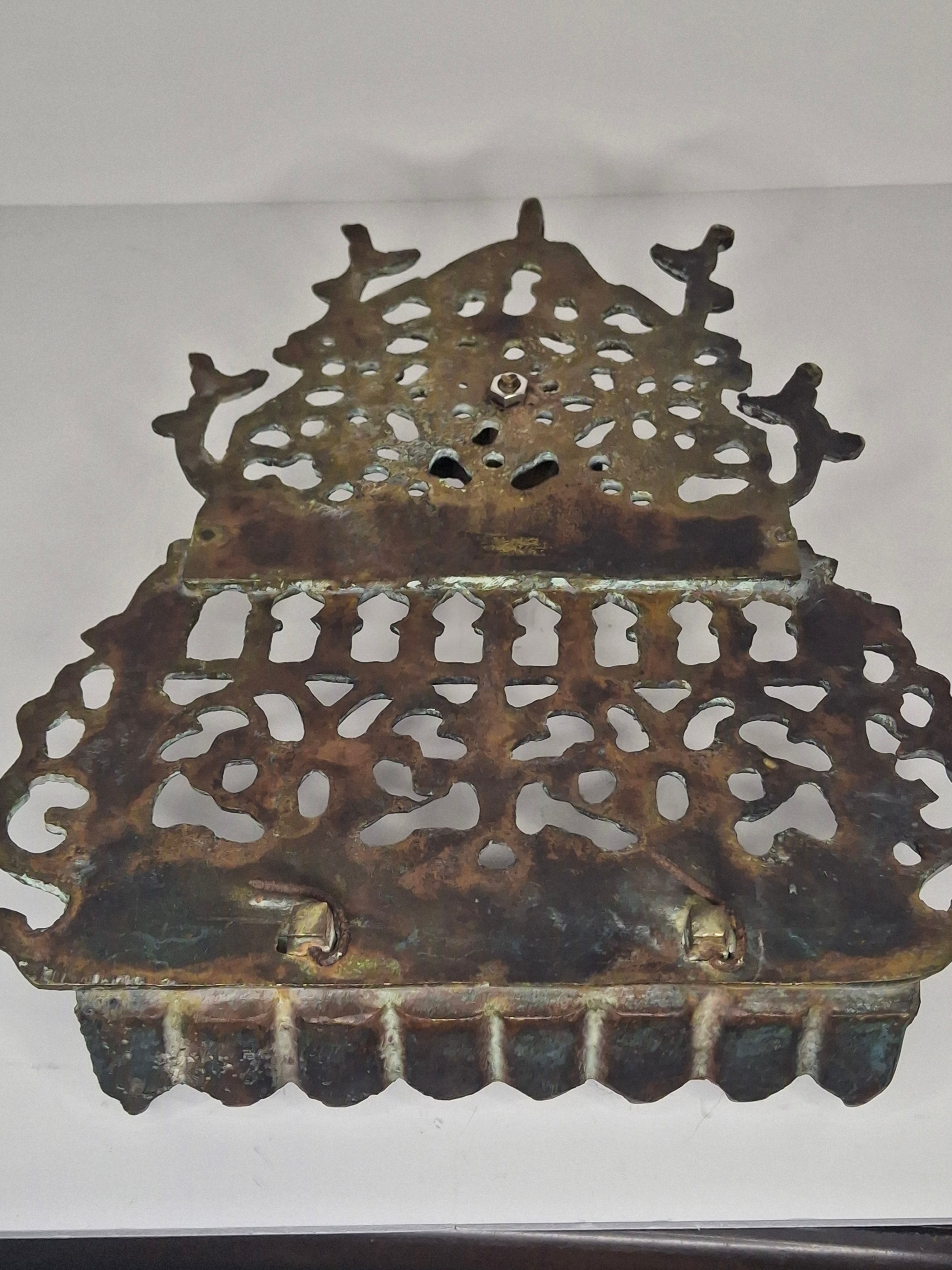 Antique 19th Century North African Bronze Hanukkah Menorah Oil Lamp - Heavy Cast Judaica with Traditional Motifs, Excellent Patina