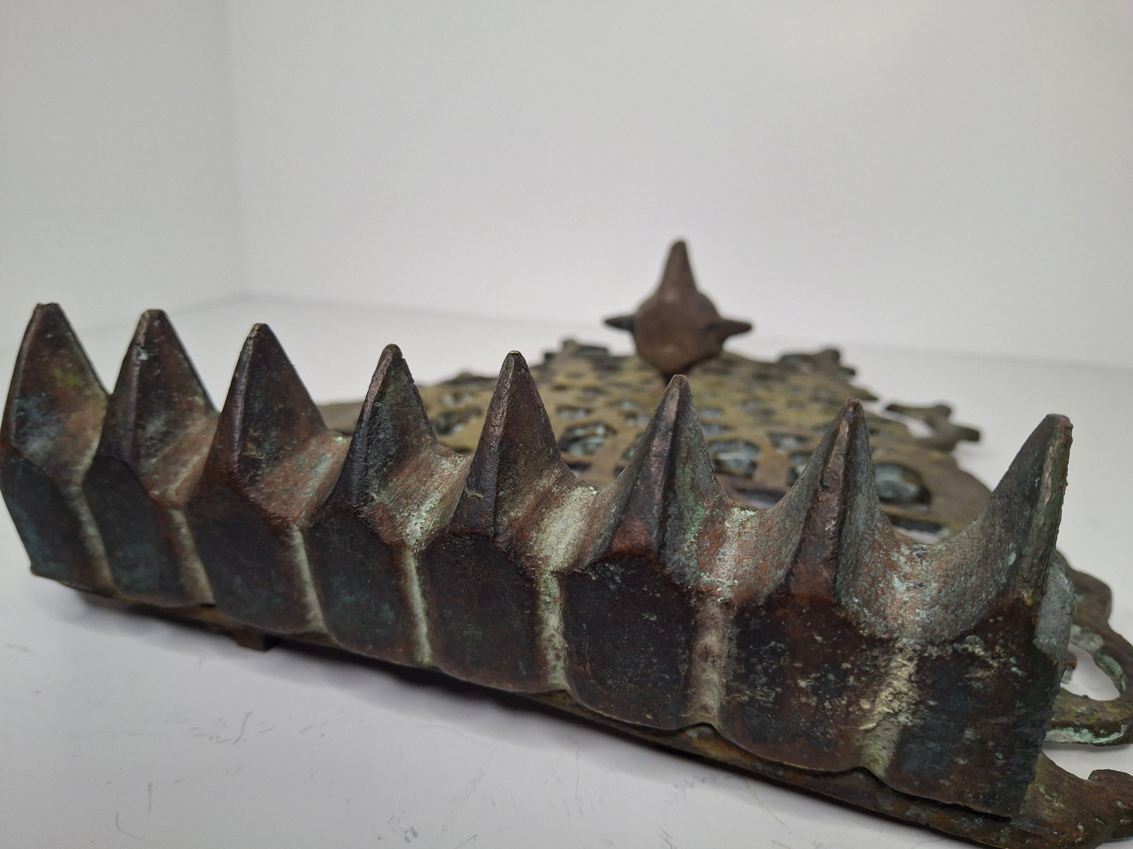 Antique 19th Century North African Bronze Hanukkah Menorah Oil Lamp - Heavy Cast Judaica with Traditional Motifs, Excellent Patina