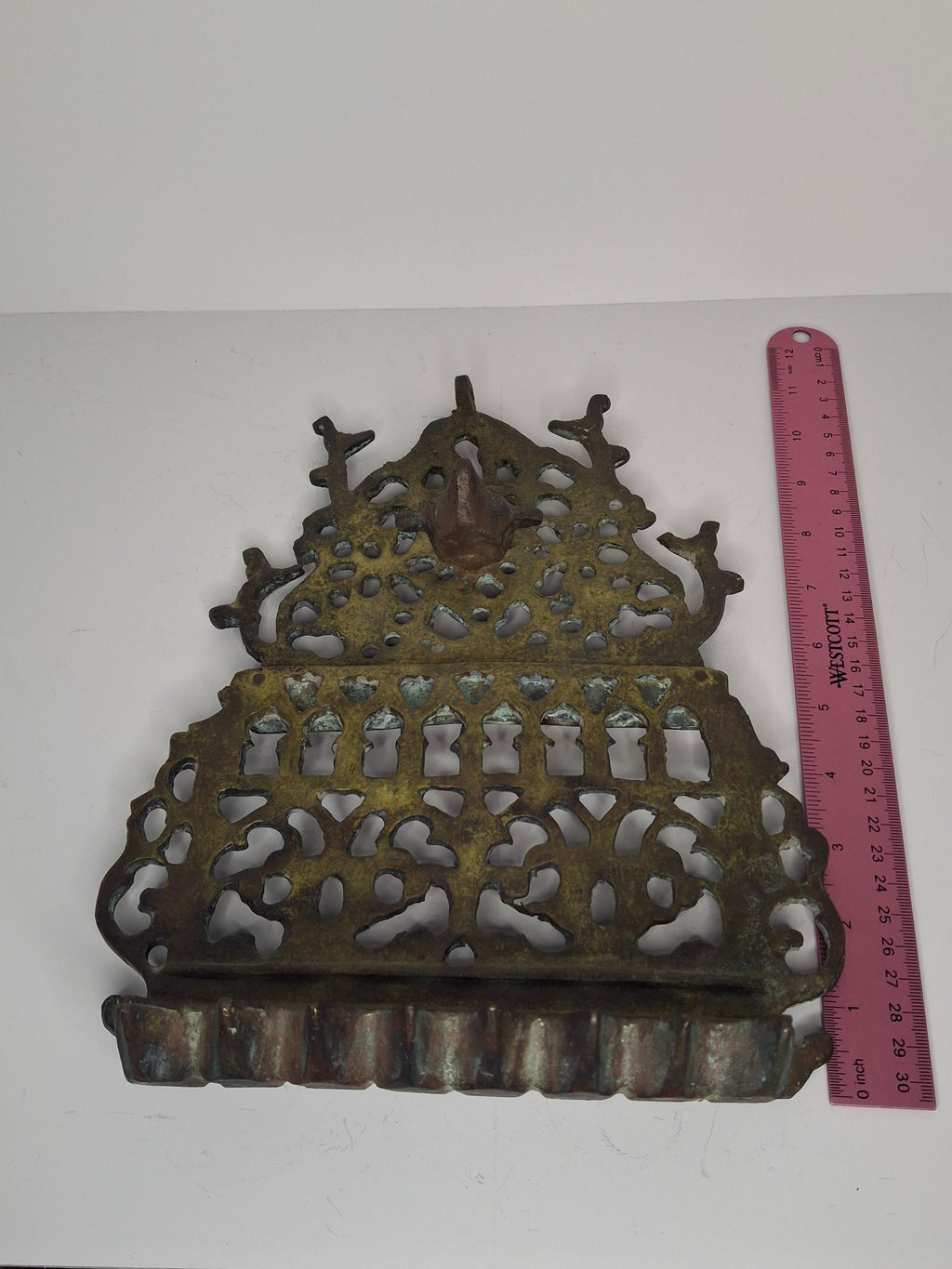 Antique 19th Century North African Bronze Hanukkah Menorah Oil Lamp - Heavy Cast Judaica with Traditional Motifs, Excellent Patina