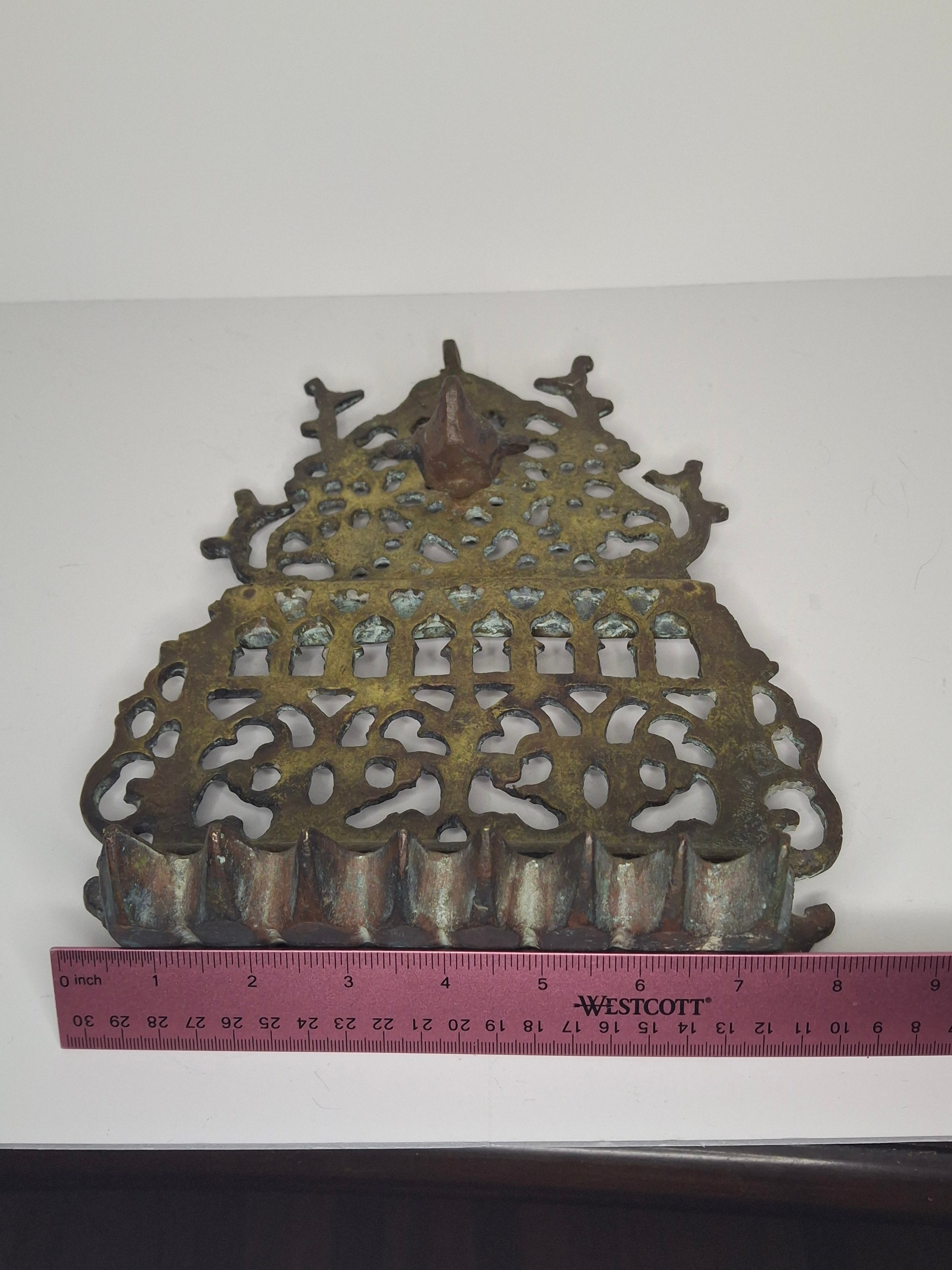 Antique 19th Century North African Bronze Hanukkah Menorah Oil Lamp - Heavy Cast Judaica with Traditional Motifs, Excellent Patina