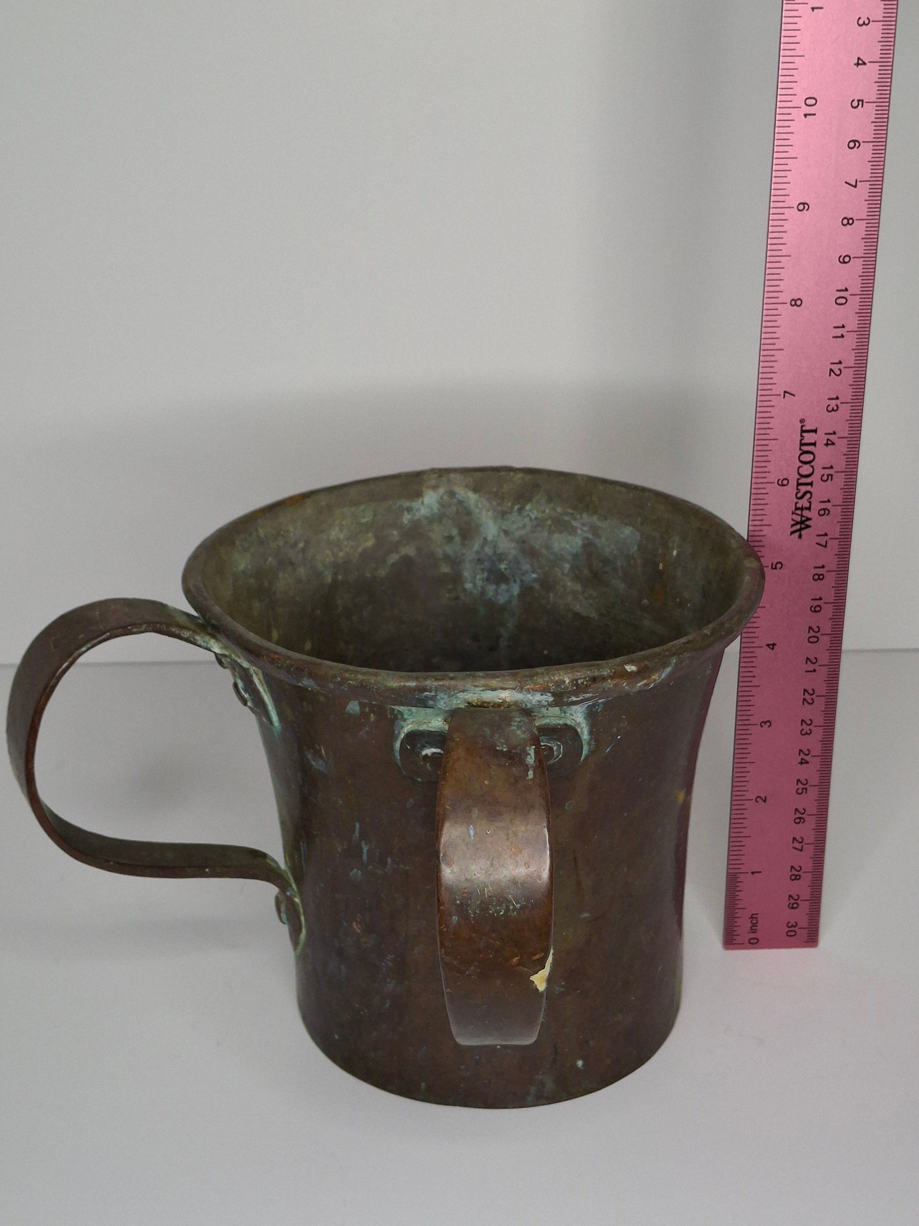 Antique 19th Century Eastern European Copper Netilat Yadayim Cup – Large Ritual Hand Washing Vessel w/ Original Patina
