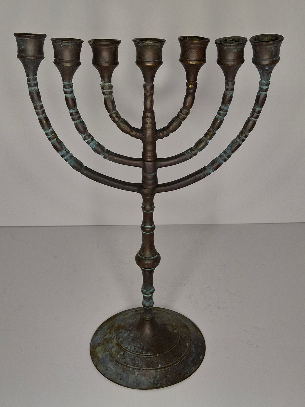 Antique 19th Century Bronze 7-Branch Temple Menorah with Heavy Verdigris Patina – ca. 1880–1910 Judaica