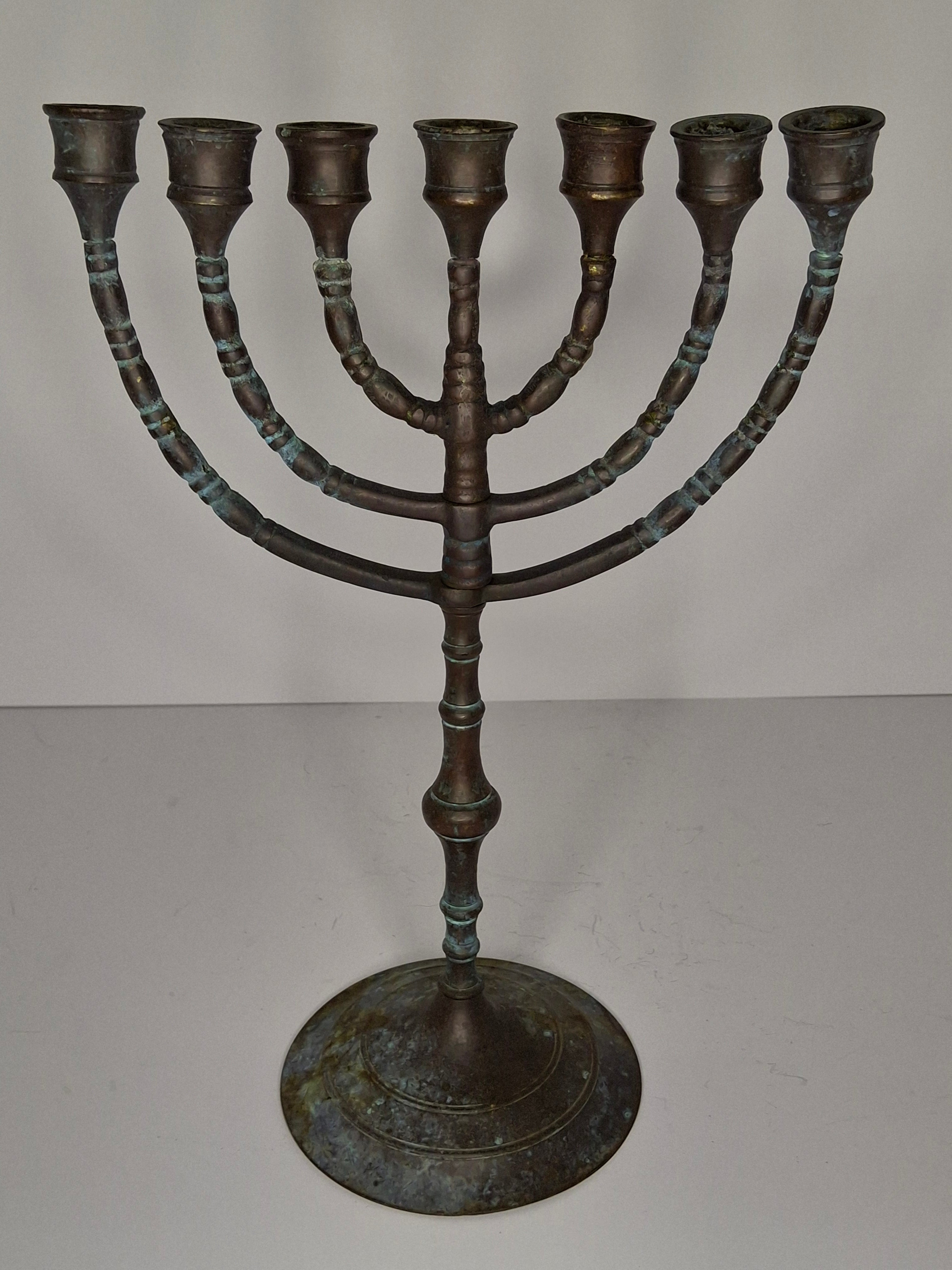 Antique 19th Century Bronze 7-Branch Temple Menorah with Heavy Verdigris Patina – ca. 1880–1910 Judaica