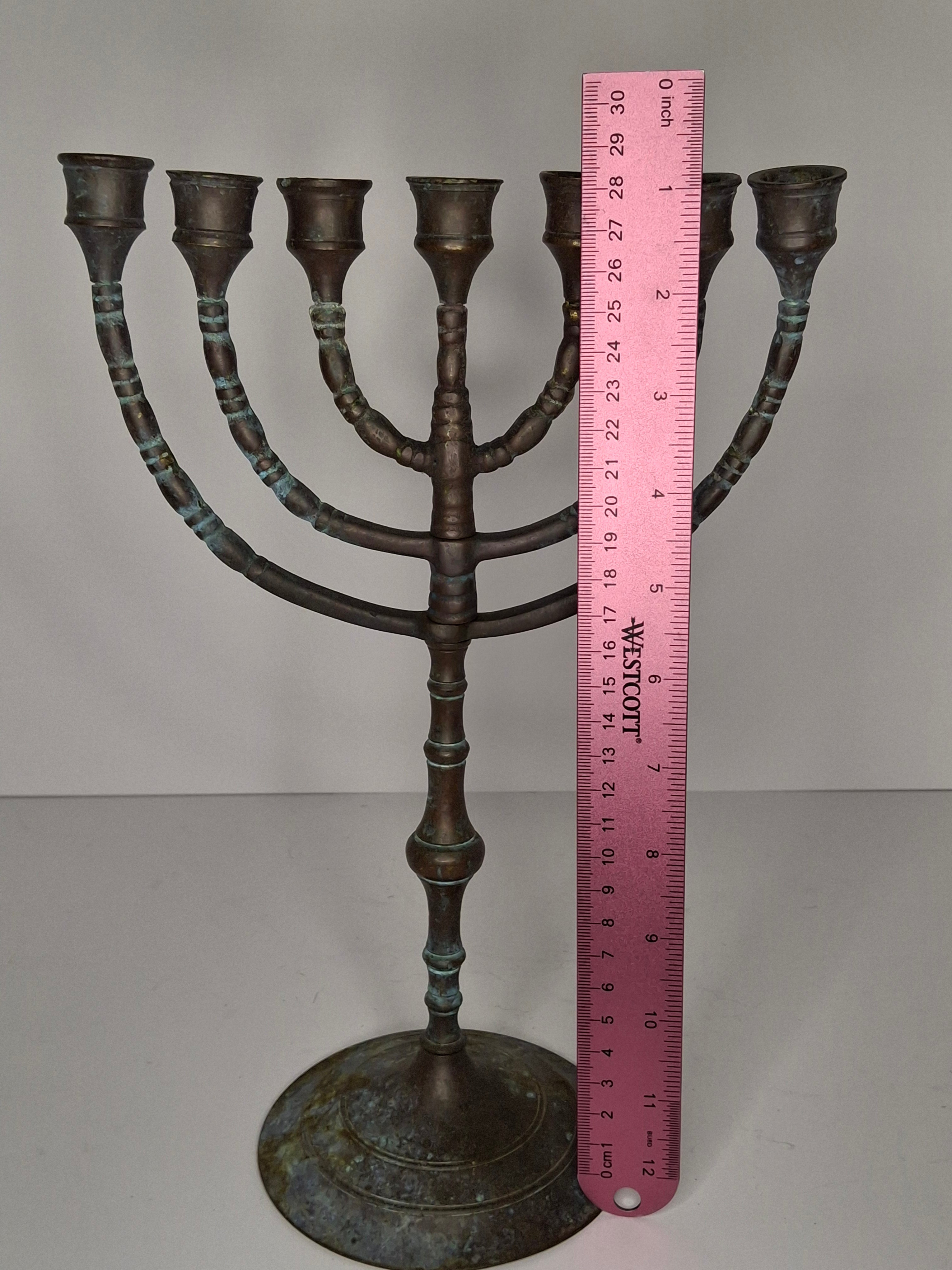 Antique 19th Century Bronze 7-Branch Temple Menorah with Heavy Verdigris Patina – ca. 1880–1910 Judaica