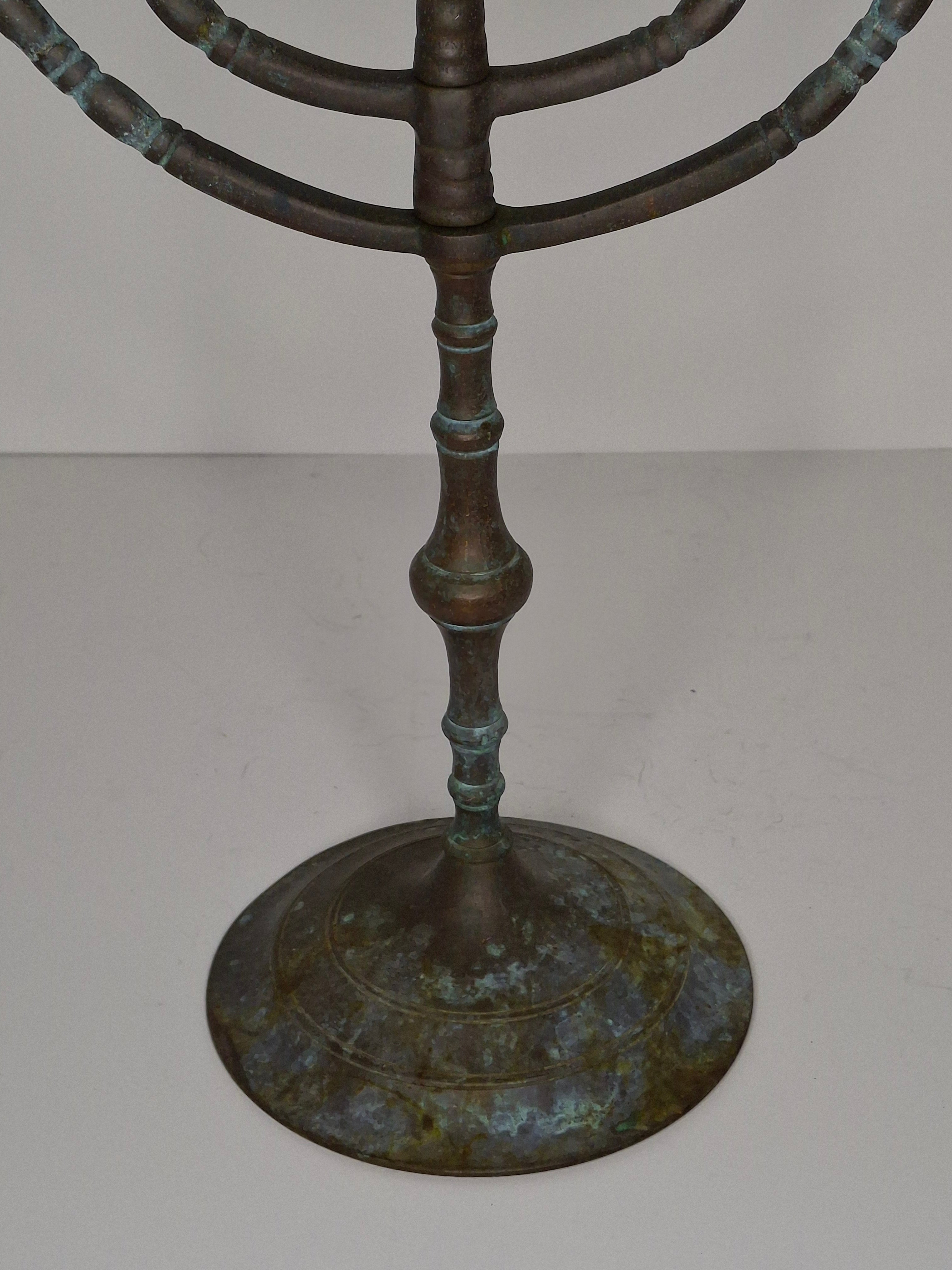 Antique 19th Century Bronze 7-Branch Temple Menorah with Heavy Verdigris Patina – ca. 1880–1910 Judaica