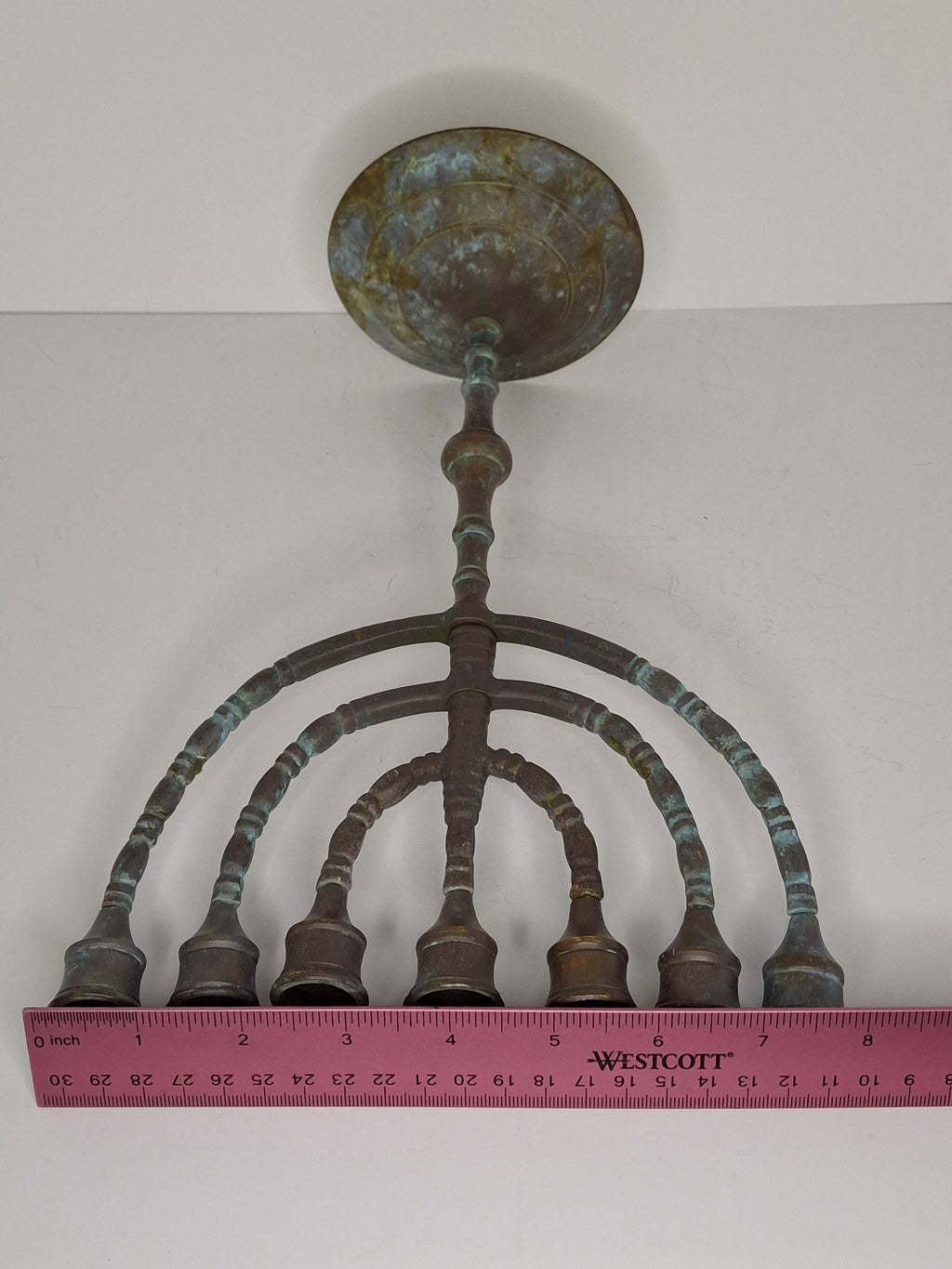Antique 19th Century Bronze 7-Branch Temple Menorah with Heavy Verdigris Patina – ca. 1880–1910 Judaica