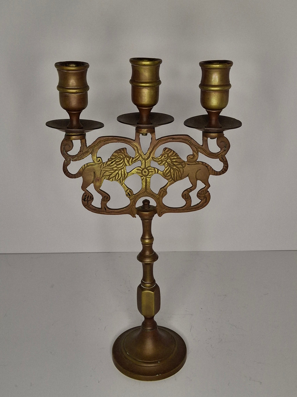 Antique Late 19th/Early 20thC Brass Lions of Judah 3-Arm Sabbath Candelabra - Jewish Judaica Ornate Lion Motif, 12" Tall