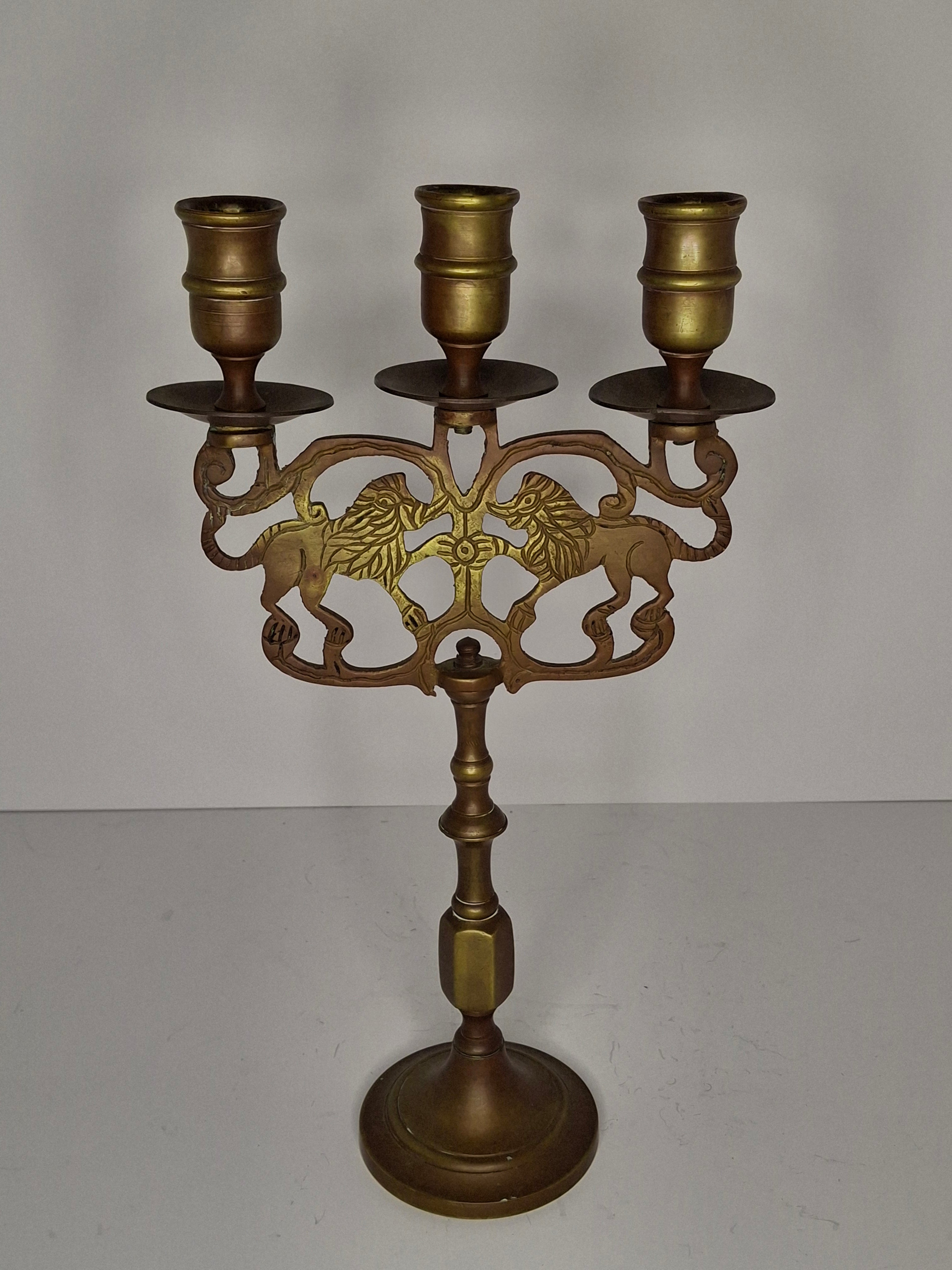Antique Late 19th/Early 20thC Brass Lions of Judah 3-Arm Sabbath Candelabra - Jewish Judaica Ornate Lion Motif, 12" Tall