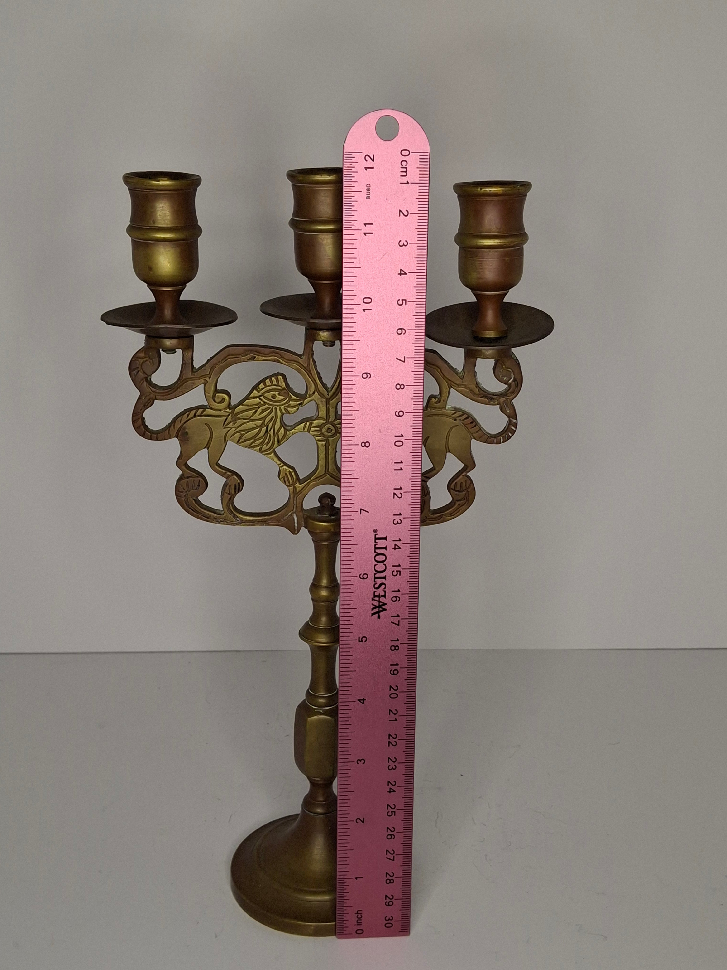 Antique Late 19th/Early 20thC Brass Lions of Judah 3-Arm Sabbath Candelabra - Jewish Judaica Ornate Lion Motif, 12" Tall