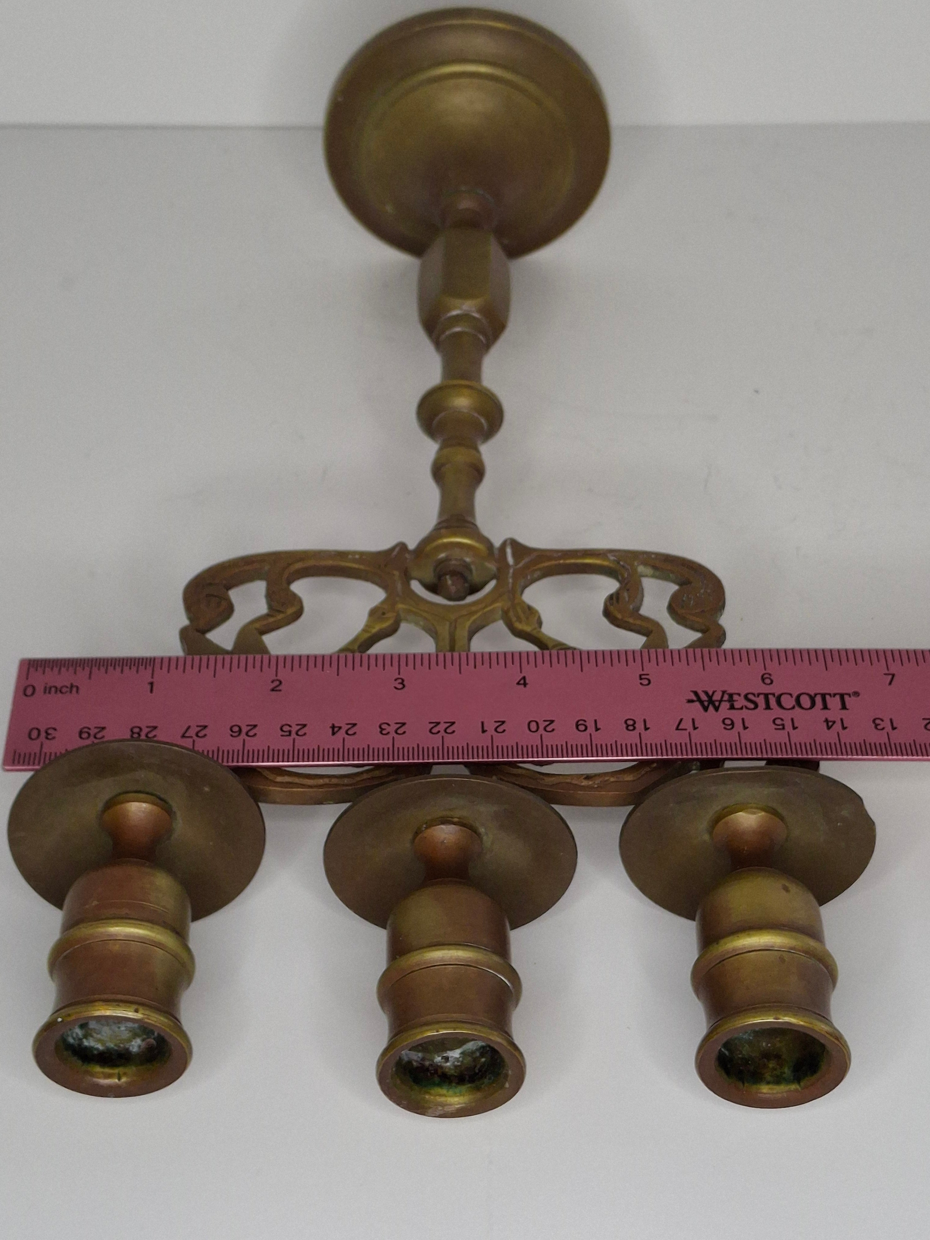 Antique Late 19th/Early 20thC Brass Lions of Judah 3-Arm Sabbath Candelabra - Jewish Judaica Ornate Lion Motif, 12" Tall