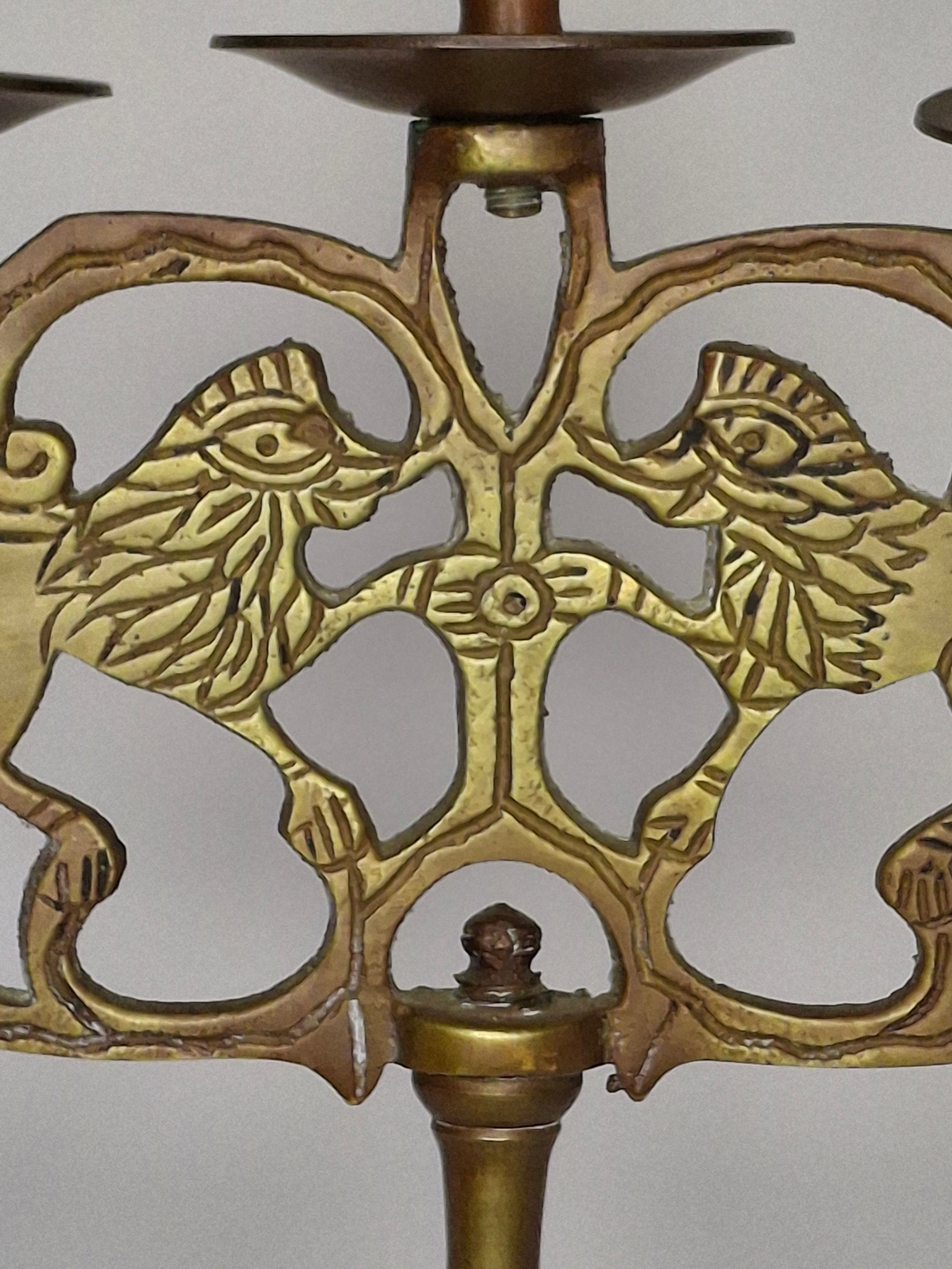 Antique Late 19th/Early 20thC Brass Lions of Judah 3-Arm Sabbath Candelabra - Jewish Judaica Ornate Lion Motif, 12" Tall