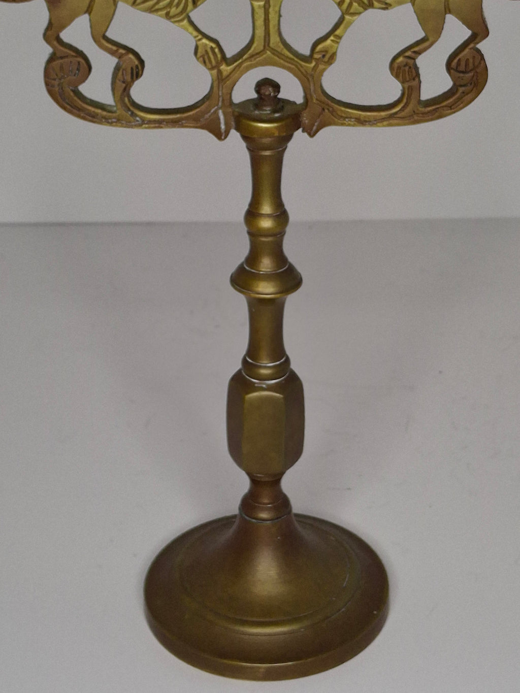 Antique Late 19th/Early 20thC Brass Lions of Judah 3-Arm Sabbath Candelabra - Jewish Judaica Ornate Lion Motif, 12" Tall