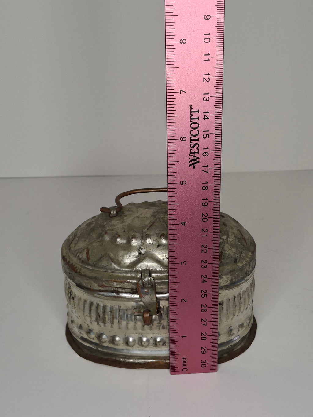 Vintage Early 20th Century Tin Etrog Box Embossed Judaica Sukkot w/ Brass Handle & Hinge – Bezalel Style