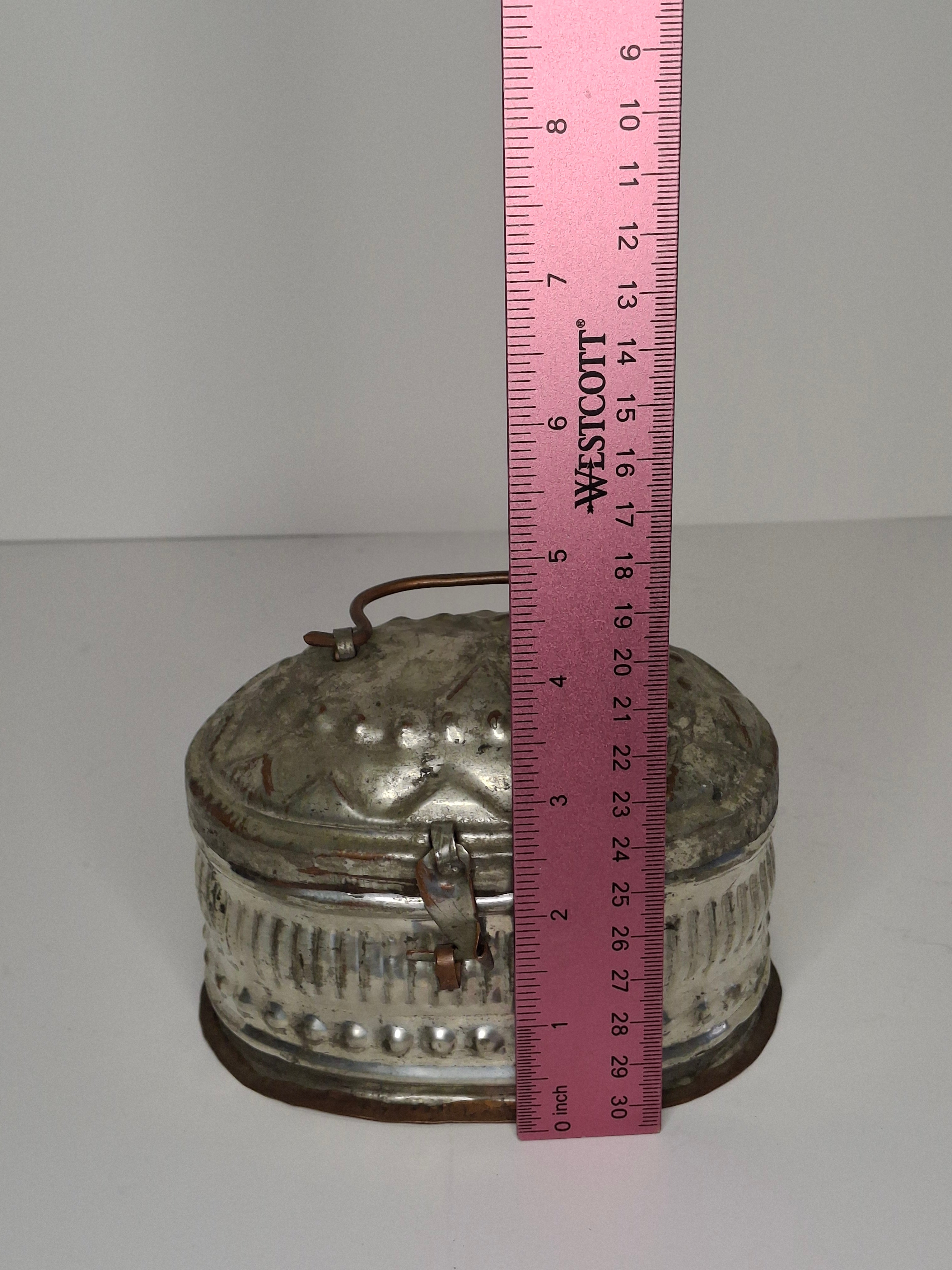 Vintage Early 20th Century Tin Etrog Box Embossed Judaica Sukkot w/ Brass Handle & Hinge – Bezalel Style