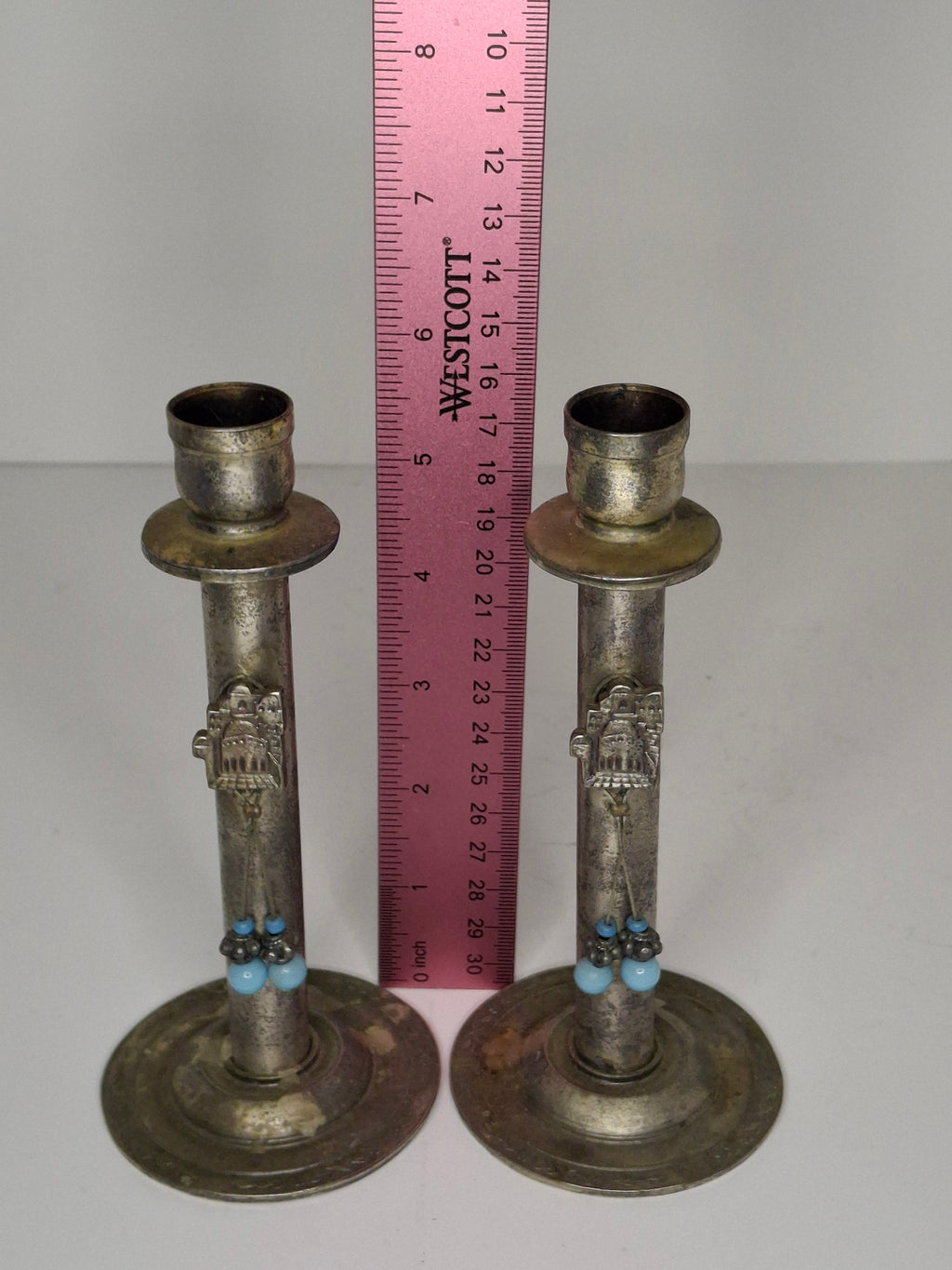 Vintage Avgad Silver-Plated Shabbat Candlesticks Pair with Old City Jerusalem Engraving - Judaica Israel