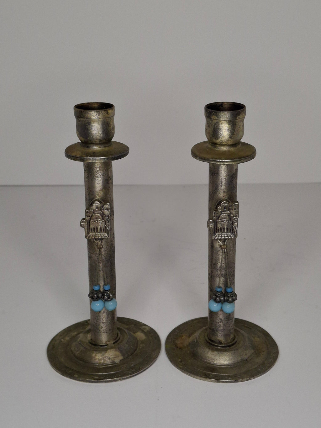 Vintage Avgad Silver-Plated Shabbat Candlesticks Pair with Old City Jerusalem Engraving - Judaica Israel