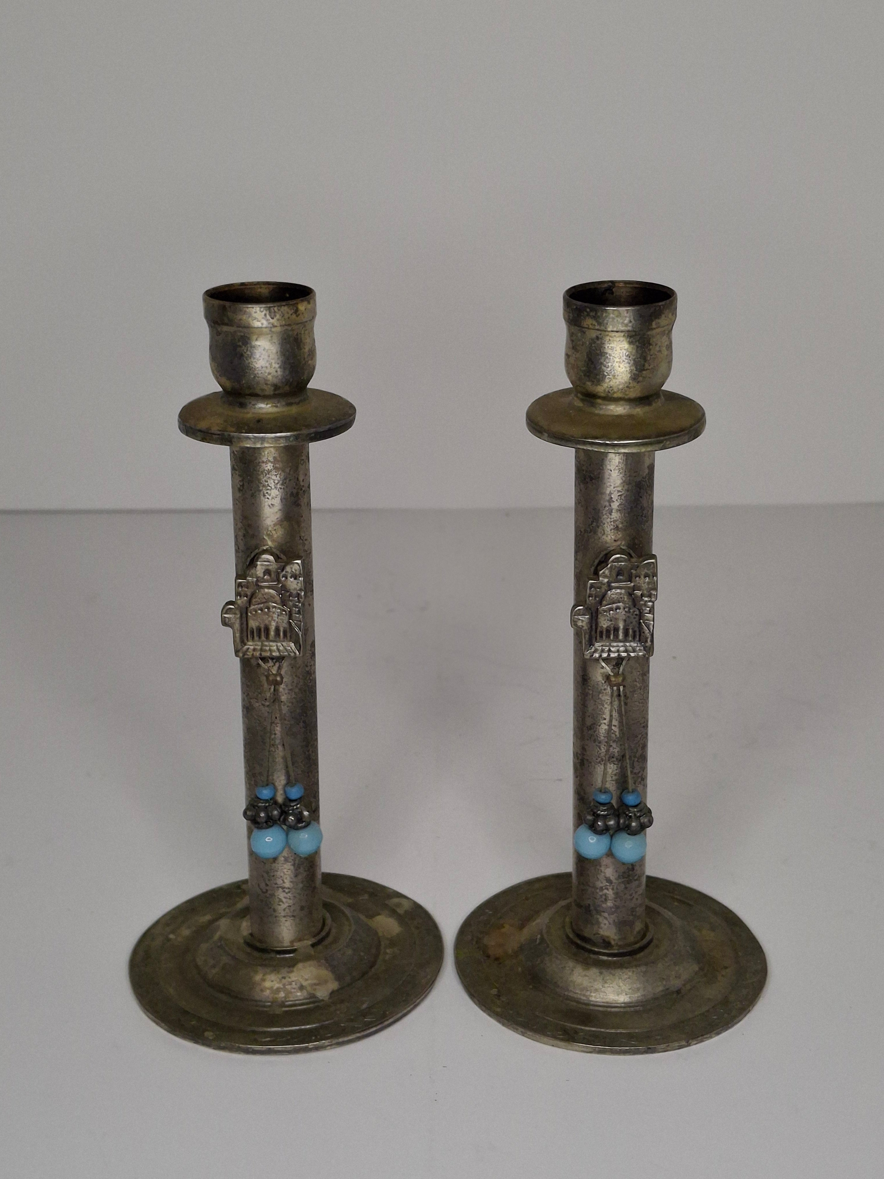 Vintage Avgad Silver-Plated Shabbat Candlesticks Pair with Old City Jerusalem Engraving - Judaica Israel