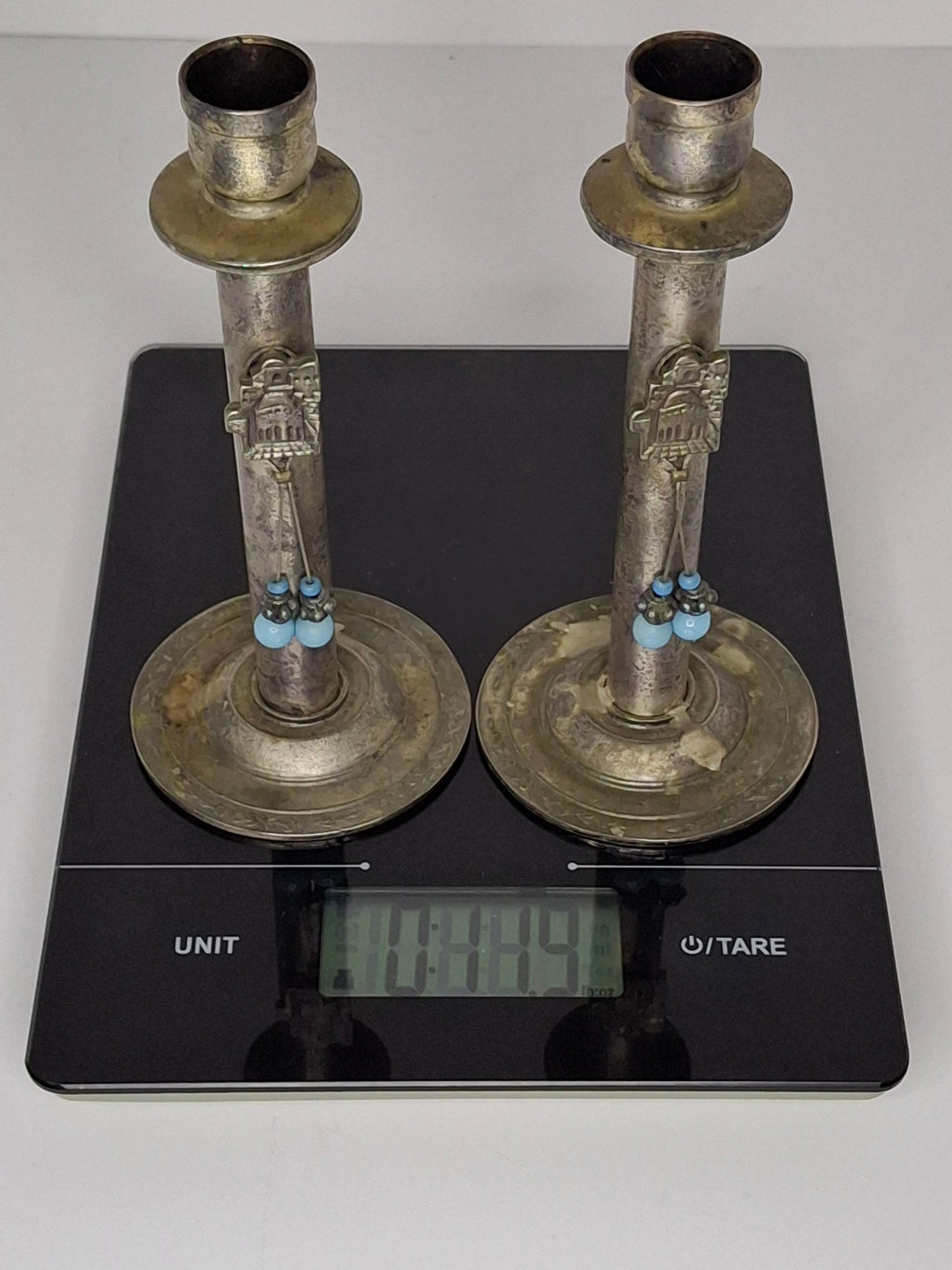 Vintage Avgad Silver-Plated Shabbat Candlesticks Pair with Old City Jerusalem Engraving - Judaica Israel