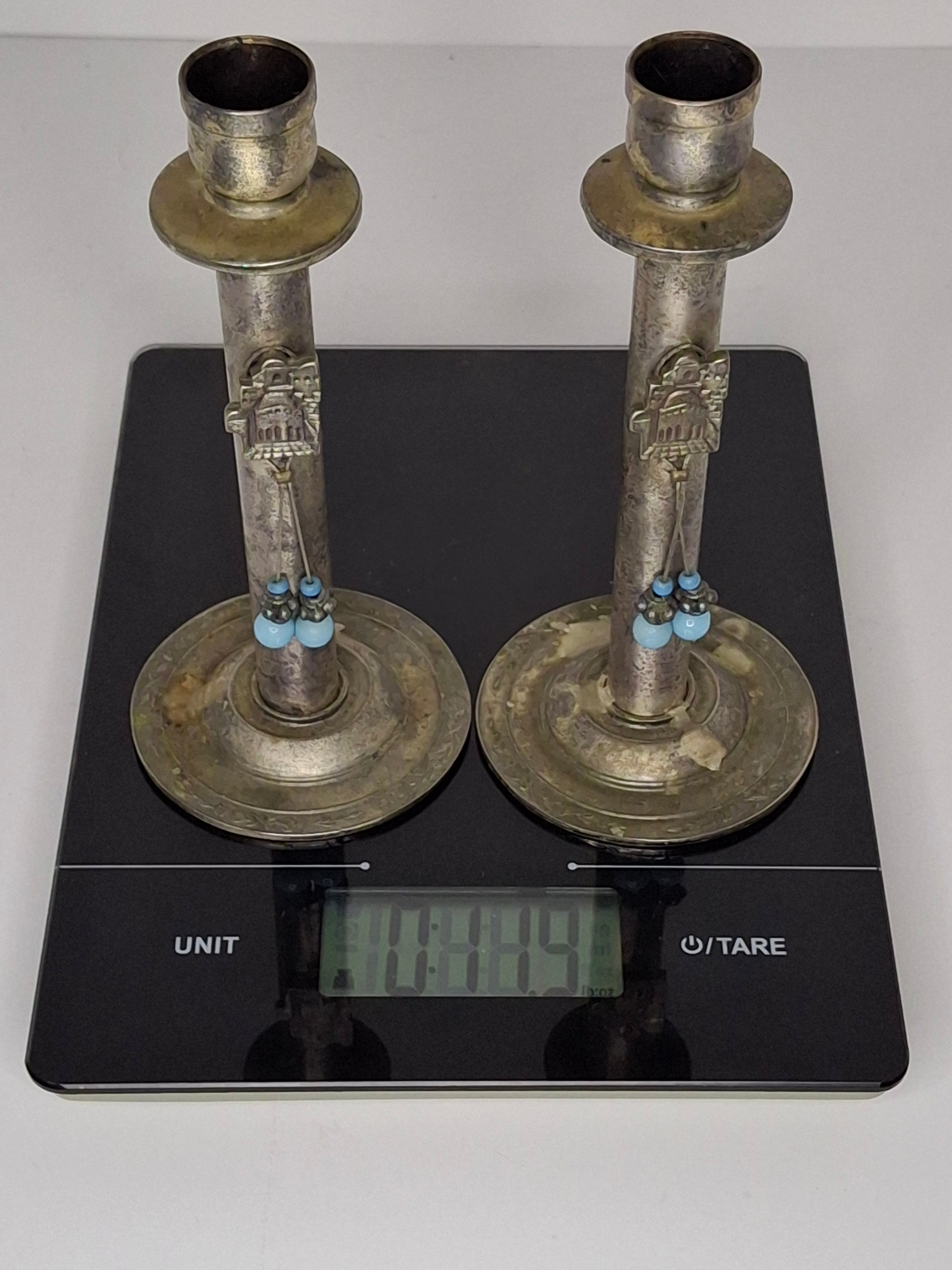 Vintage Avgad Silver-Plated Shabbat Candlesticks Pair with Old City Jerusalem Engraving - Judaica Israel