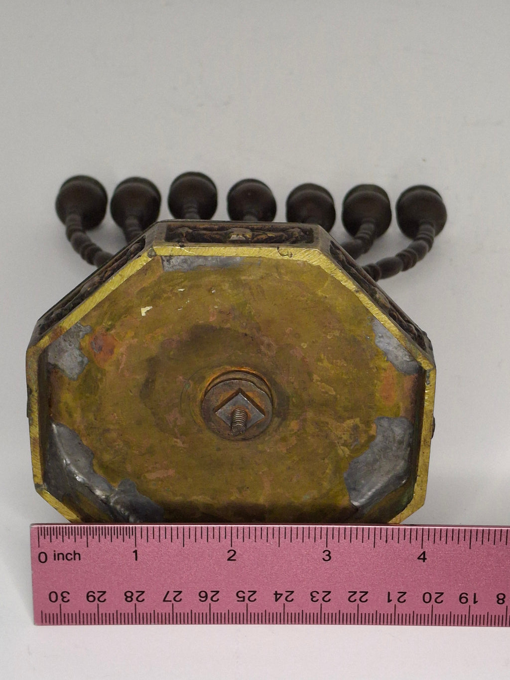 Antique Eastern European Brass Hanukkah Menorah Chanukiah - Octagonal Floral Base, Circa 1900 Judaica