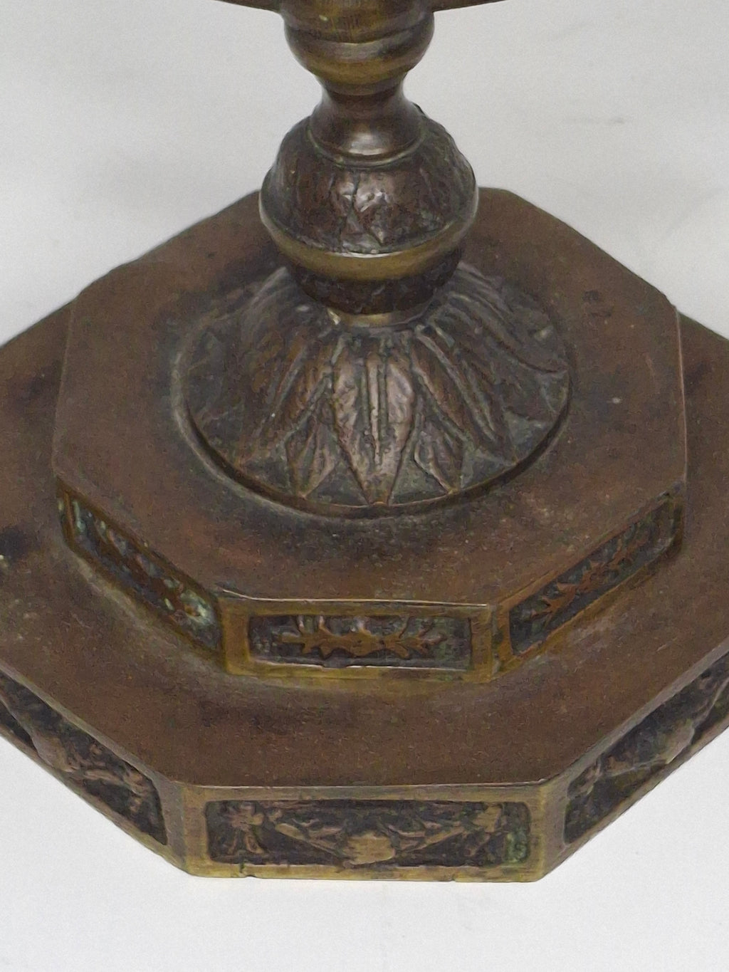 Antique Eastern European Brass Hanukkah Menorah Chanukiah - Octagonal Floral Base, Circa 1900 Judaica