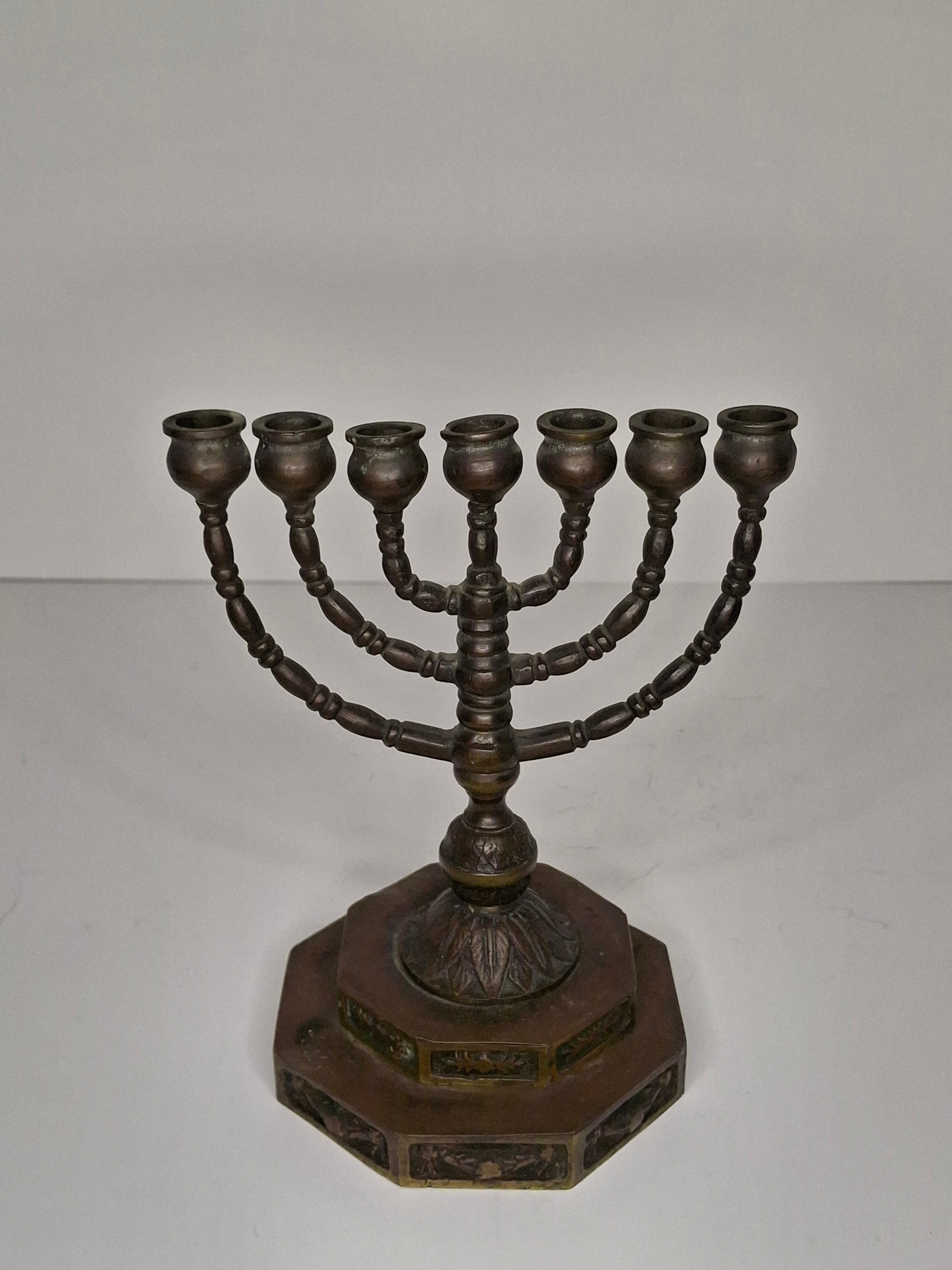 Antique Eastern European Brass Hanukkah Menorah Chanukiah - Octagonal Floral Base, Circa 1900 Judaica