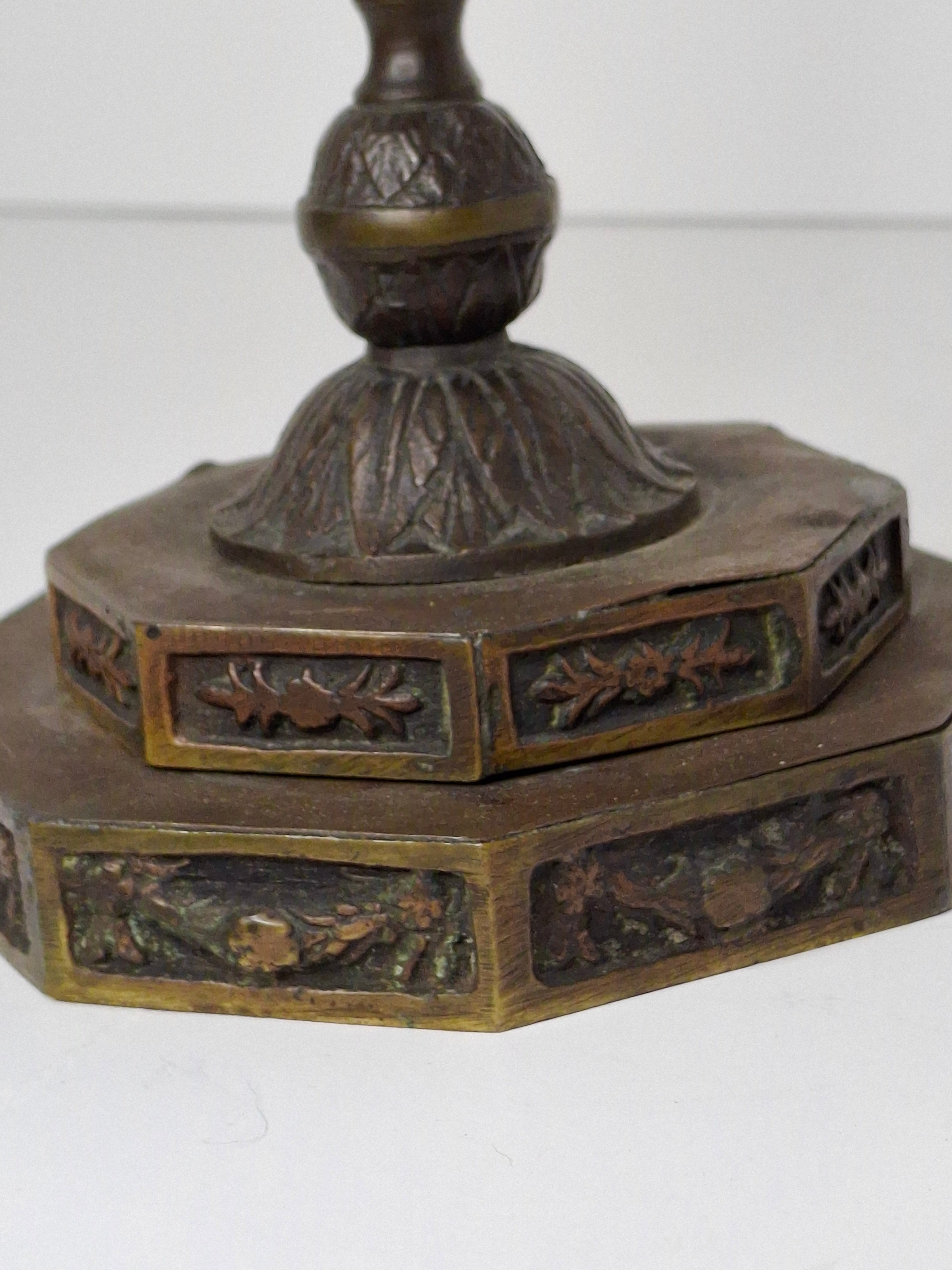 Antique Eastern European Brass Hanukkah Menorah Chanukiah - Octagonal Floral Base, Circa 1900 Judaica