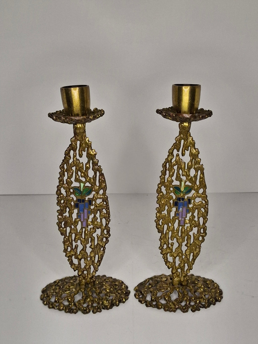 Vintage Pair Hen Holon Israeli Brass Shabbat Candlesticks with Blue Enamel Jerusalem Mosaic Inlay - Mid-Century Judaica