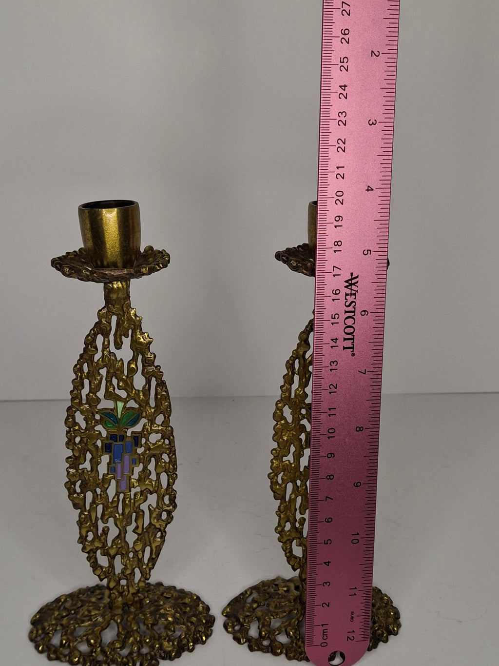 Vintage Pair Hen Holon Israeli Brass Shabbat Candlesticks with Blue Enamel Jerusalem Mosaic Inlay - Mid-Century Judaica