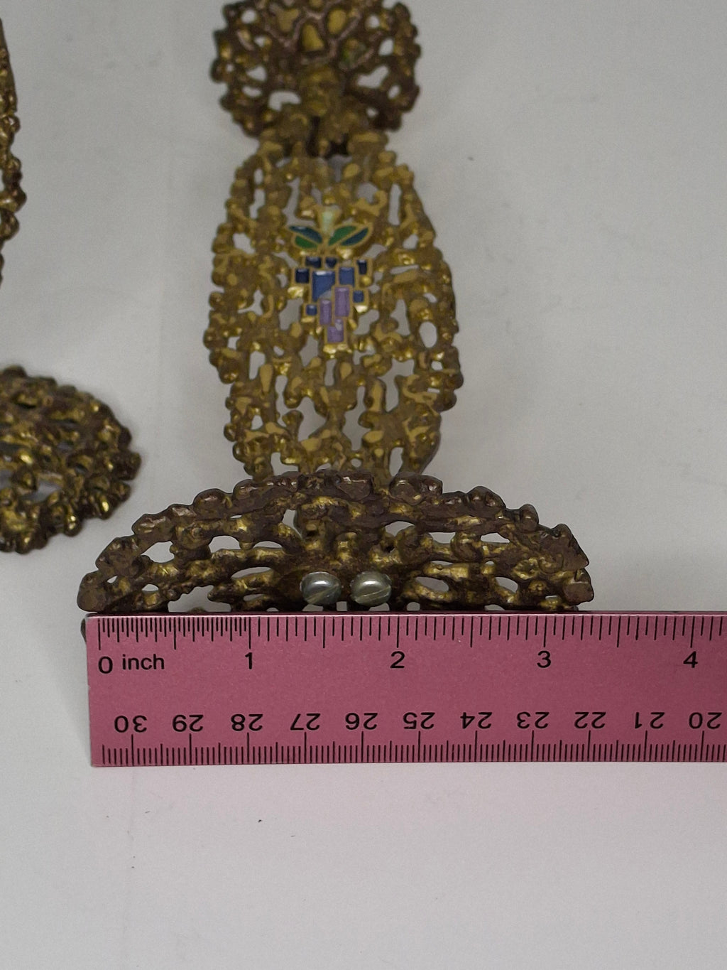 Vintage Pair Hen Holon Israeli Brass Shabbat Candlesticks with Blue Enamel Jerusalem Mosaic Inlay - Mid-Century Judaica