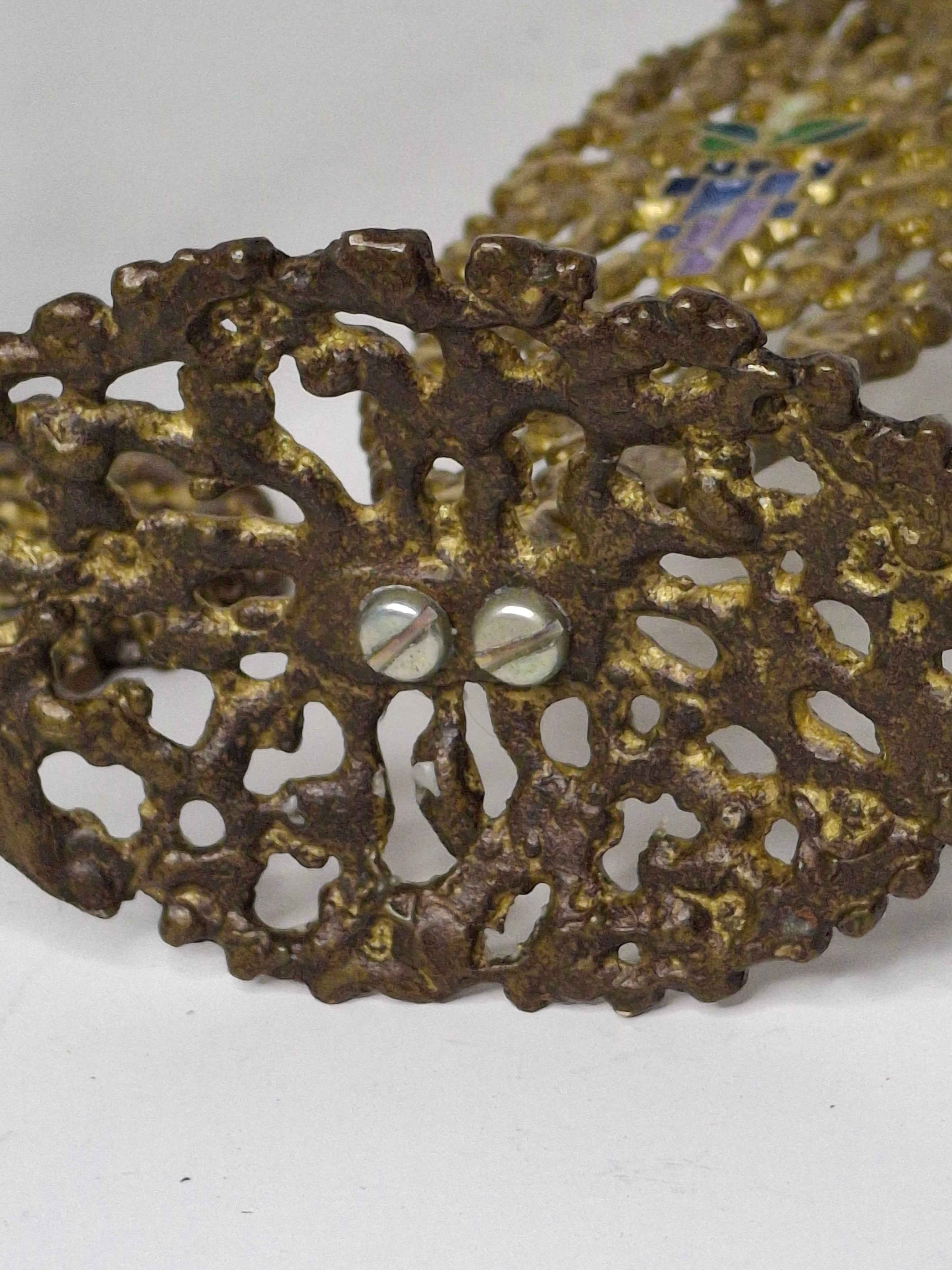 Vintage Pair Hen Holon Israeli Brass Shabbat Candlesticks with Blue Enamel Jerusalem Mosaic Inlay - Mid-Century Judaica