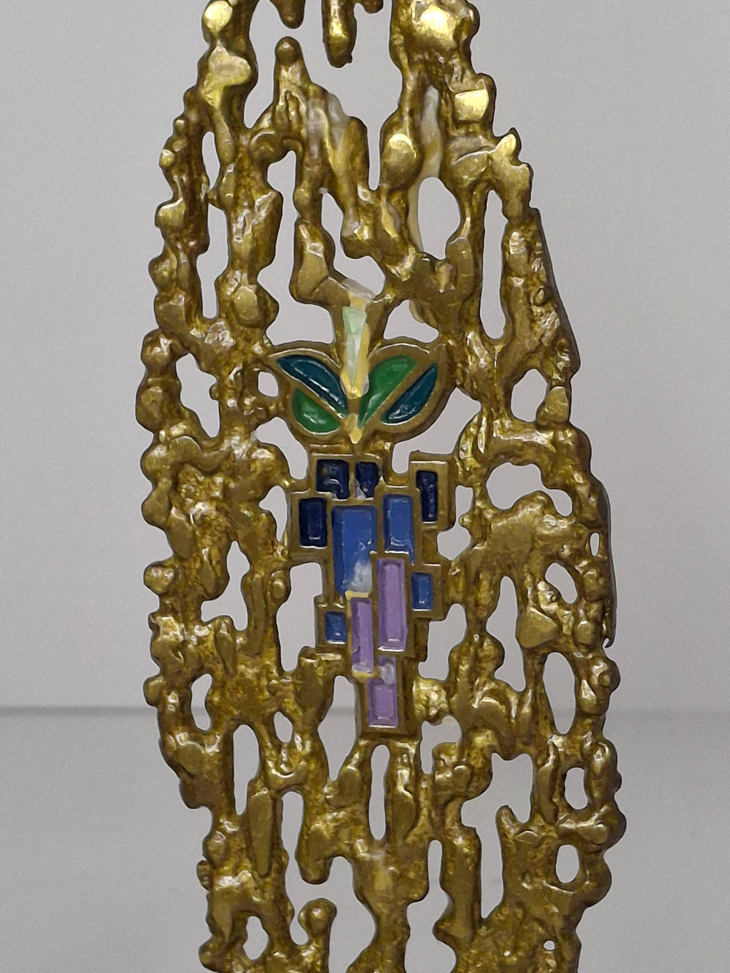 Vintage Pair Hen Holon Israeli Brass Shabbat Candlesticks with Blue Enamel Jerusalem Mosaic Inlay - Mid-Century Judaica