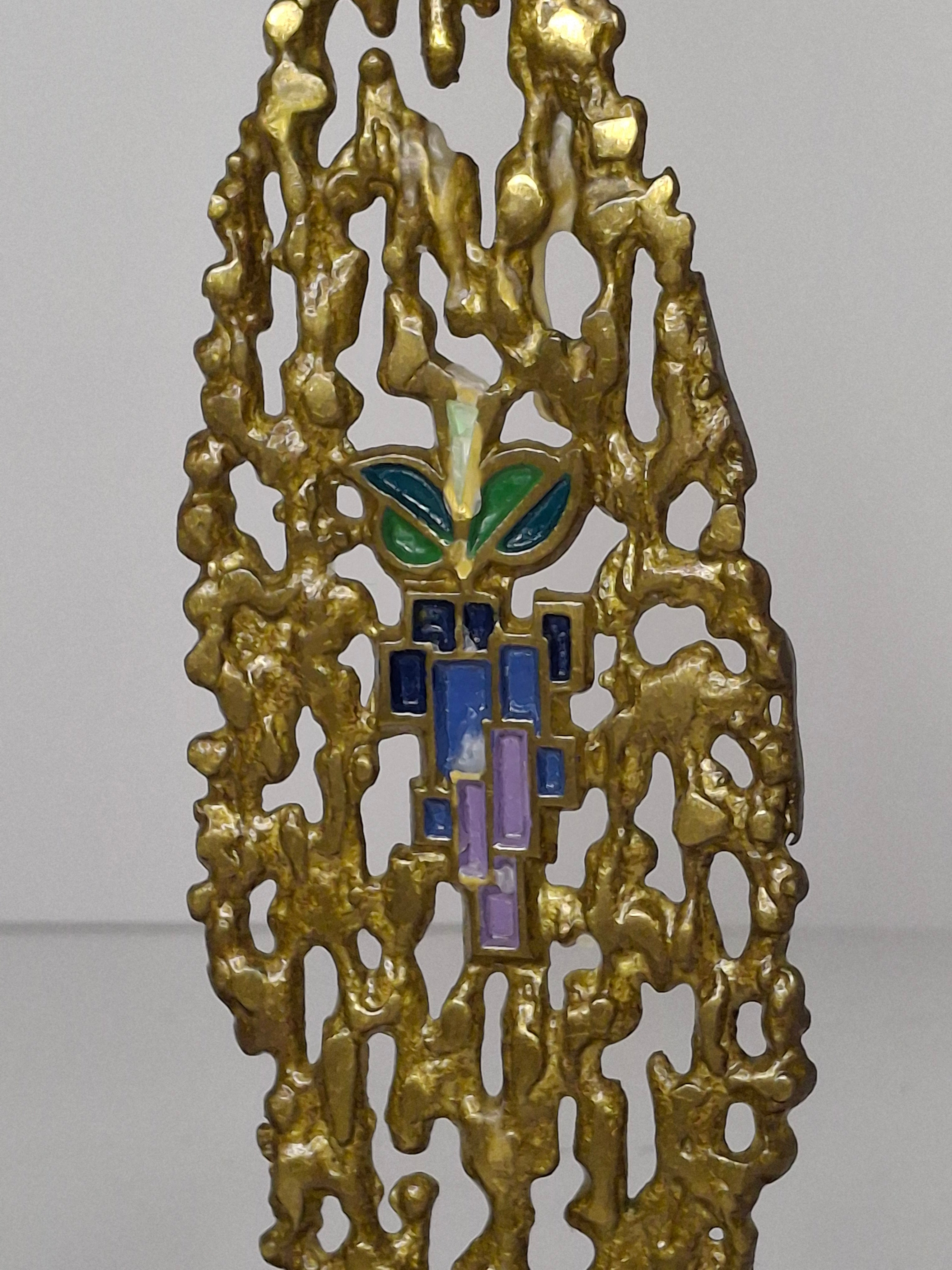 Vintage Pair Hen Holon Israeli Brass Shabbat Candlesticks with Blue Enamel Jerusalem Mosaic Inlay - Mid-Century Judaica