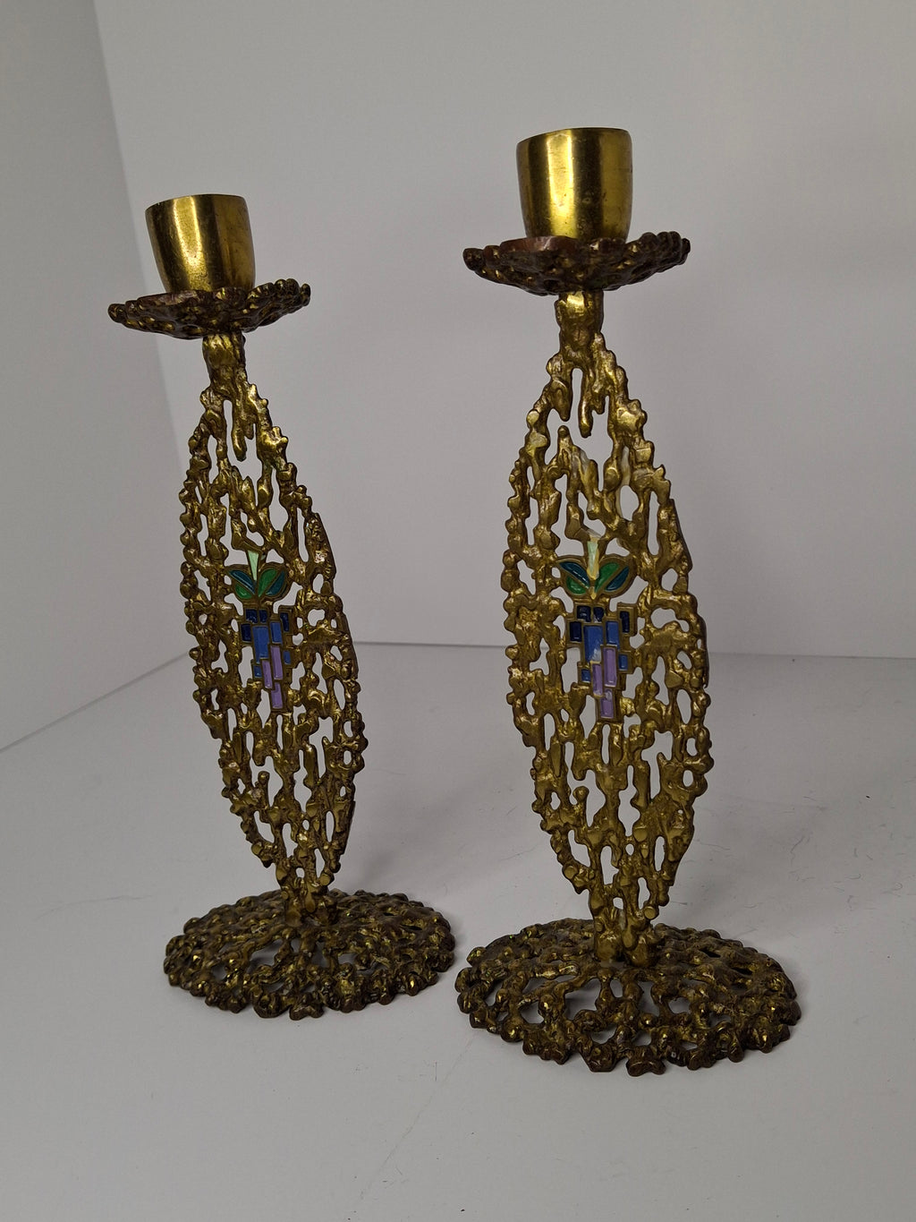 Vintage Pair Hen Holon Israeli Brass Shabbat Candlesticks with Blue Enamel Jerusalem Mosaic Inlay - Mid-Century Judaica