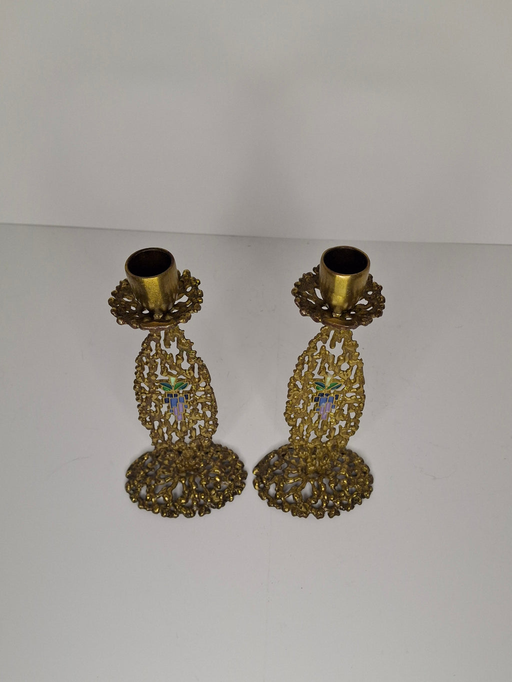 Vintage Pair Hen Holon Israeli Brass Shabbat Candlesticks with Blue Enamel Jerusalem Mosaic Inlay - Mid-Century Judaica