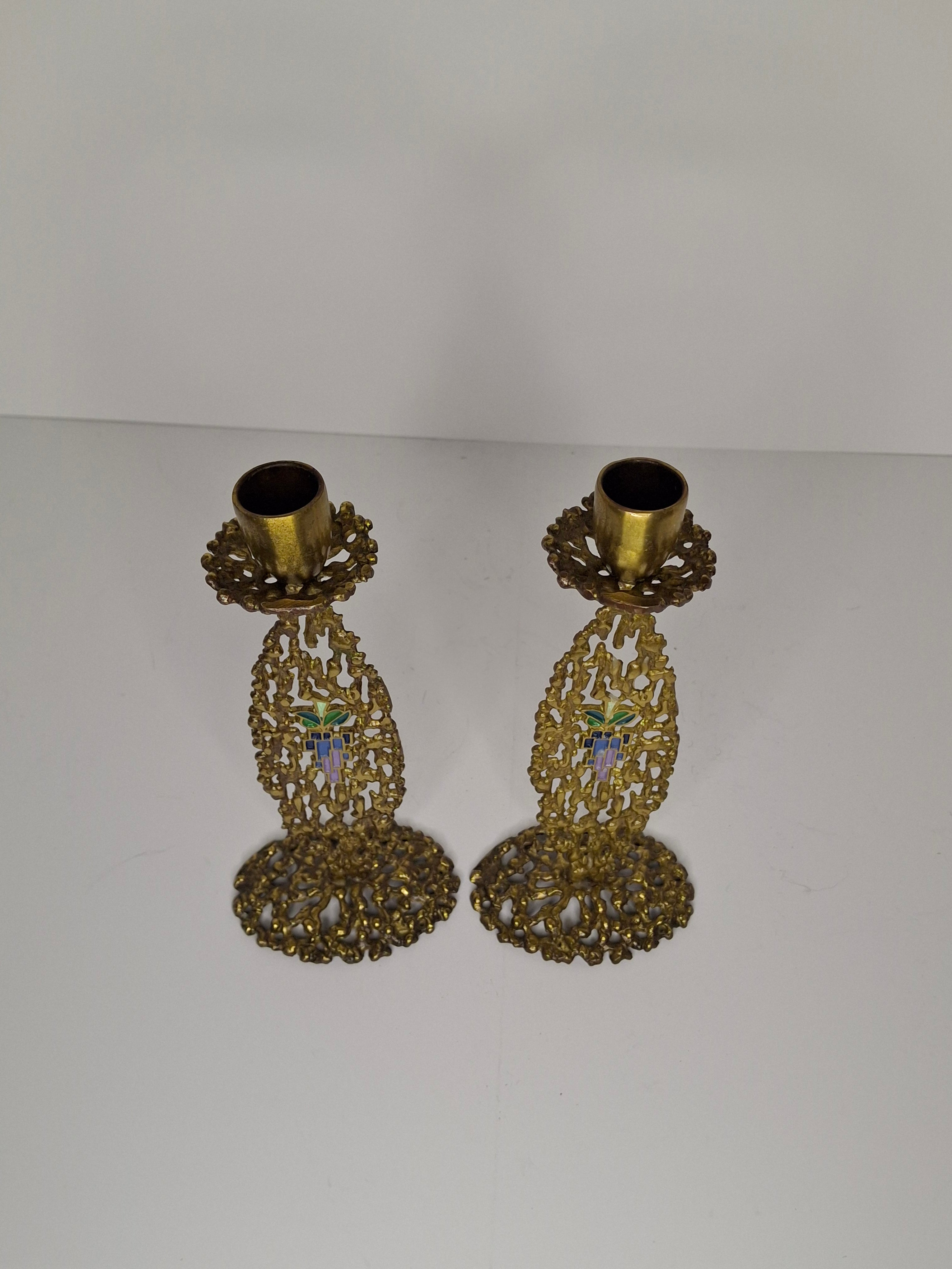 Vintage Pair Hen Holon Israeli Brass Shabbat Candlesticks with Blue Enamel Jerusalem Mosaic Inlay - Mid-Century Judaica