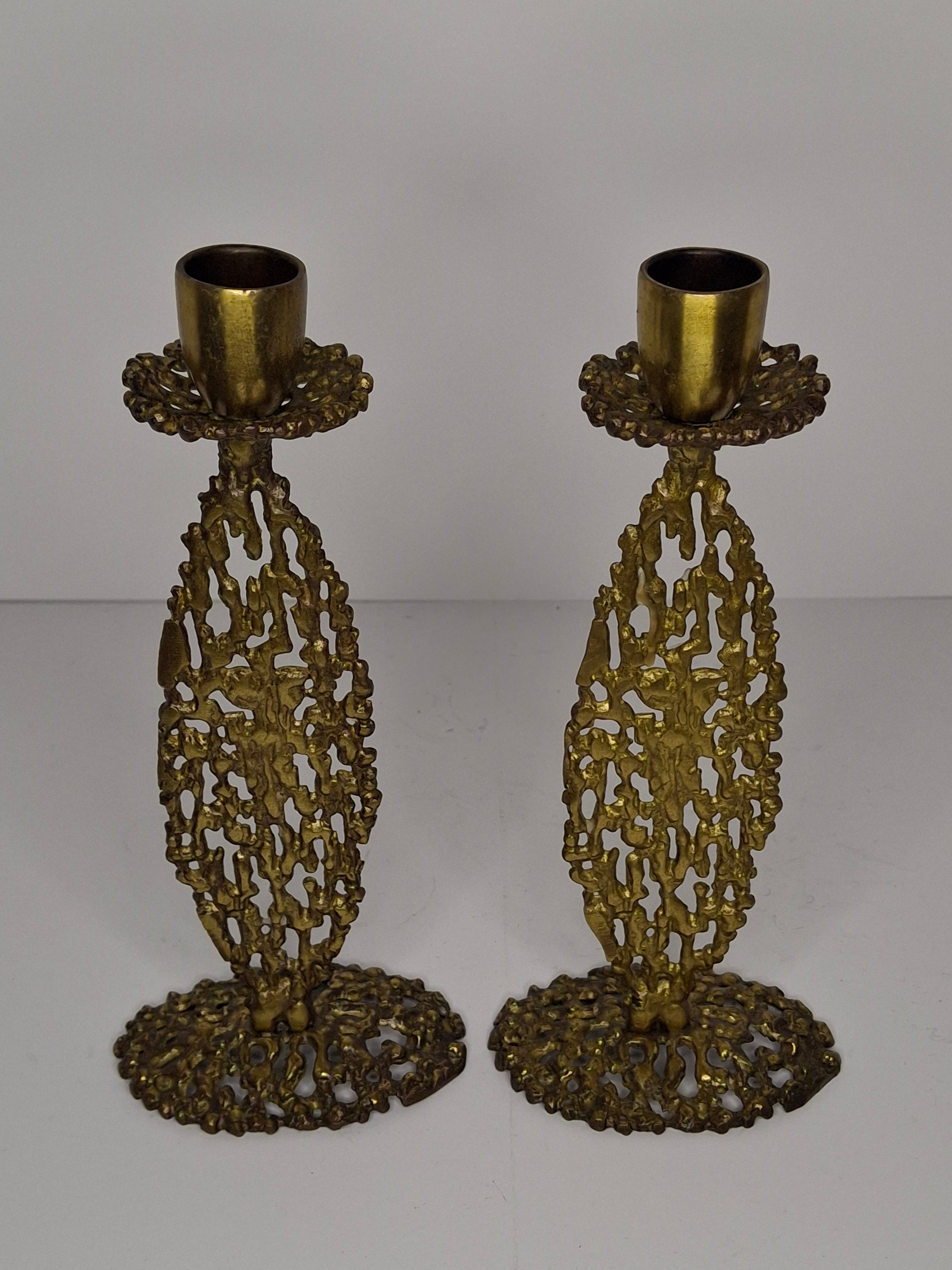 Vintage Pair Hen Holon Israeli Brass Shabbat Candlesticks with Blue Enamel Jerusalem Mosaic Inlay - Mid-Century Judaica