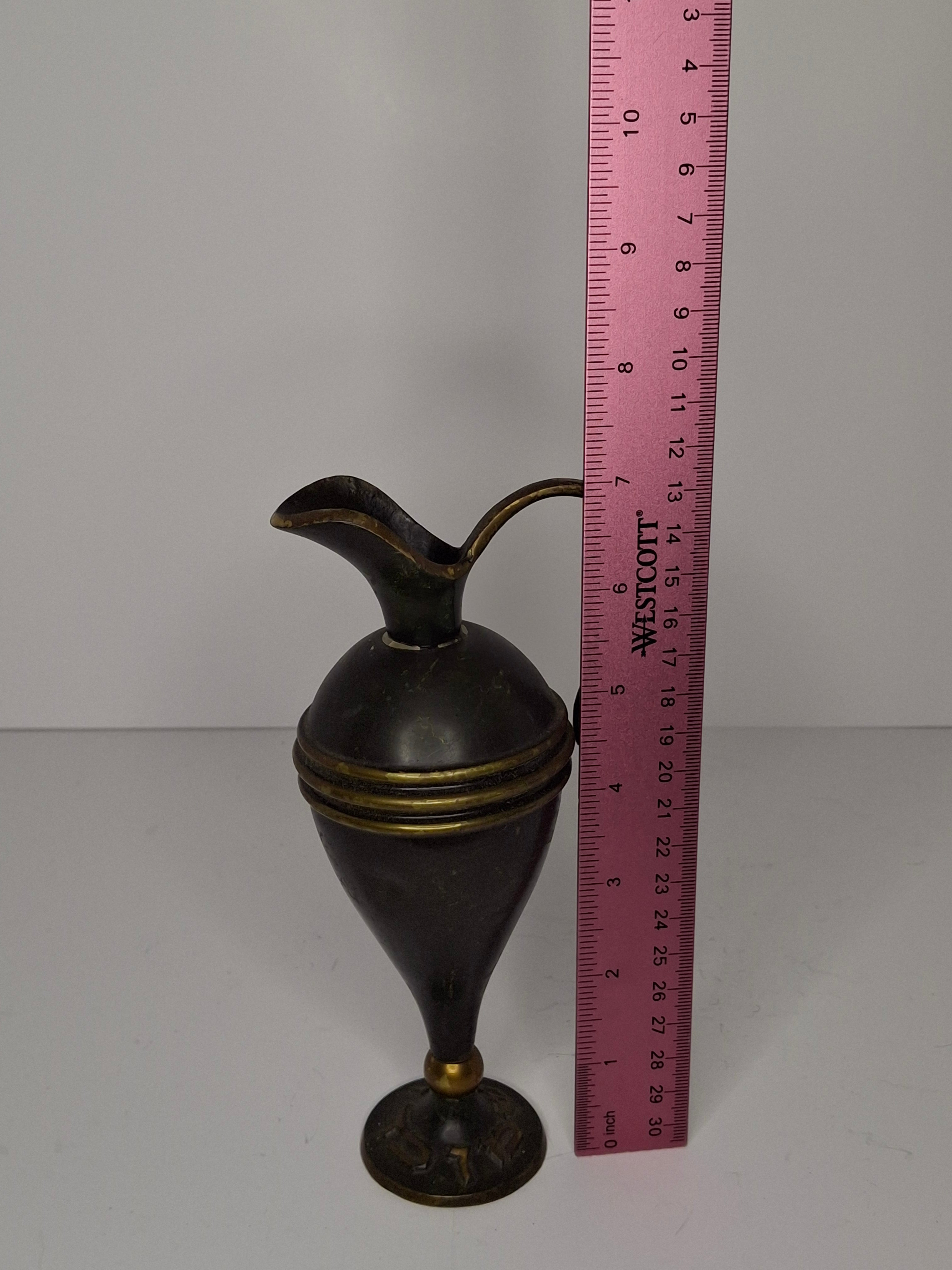 Vintage 1950s Israeli Brass Oil Jug with Hebrew Inscription 'Oil Jug' - Made in Israel Judaica Souvenir, Green Patina Colored Decorative Piece