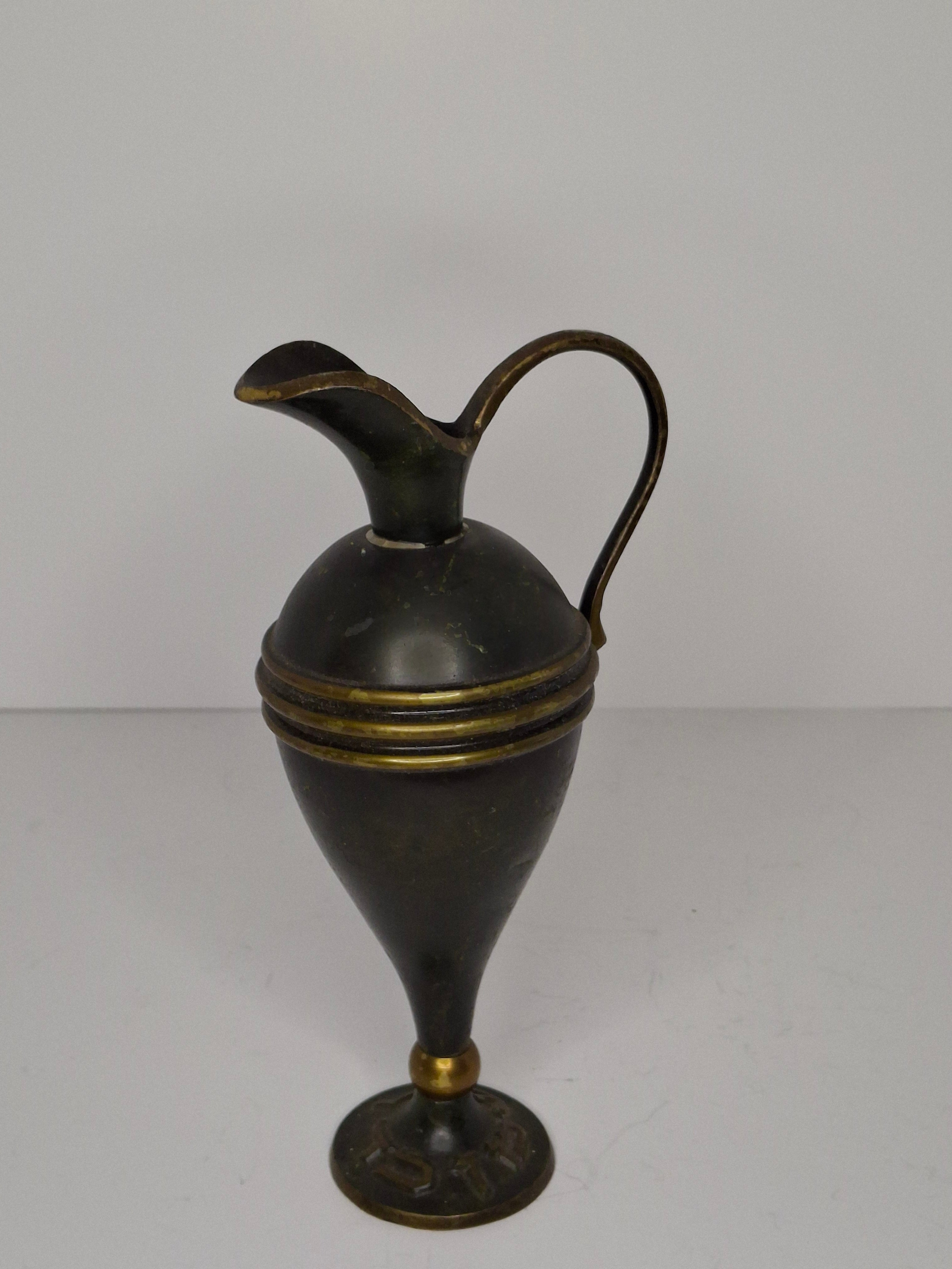 Vintage 1950s Israeli Brass Oil Jug with Hebrew Inscription 'Oil Jug' - Made in Israel Judaica Souvenir, Green Patina Colored Decorative Piece