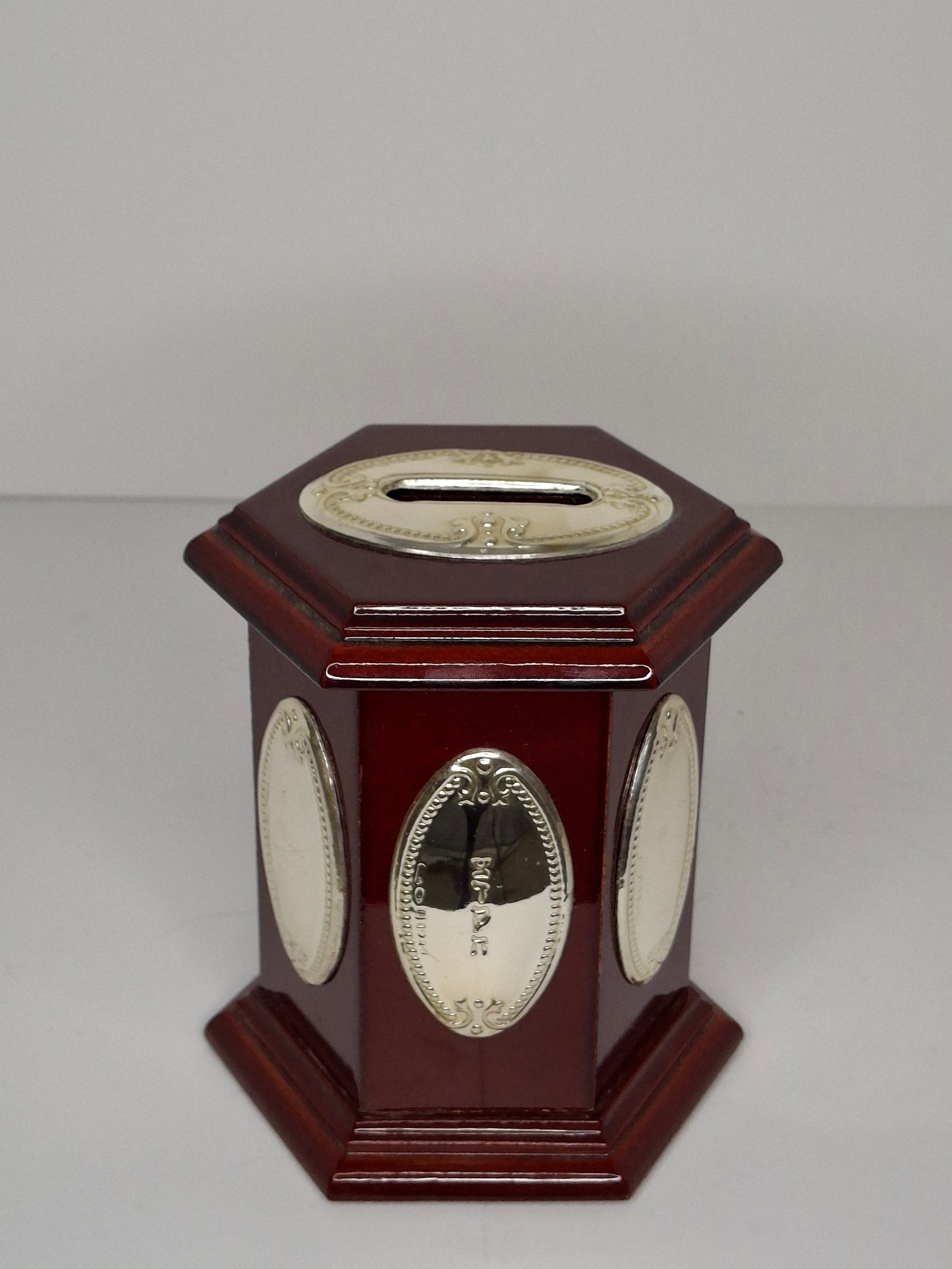 Modern Israeli Sterling Silver (925) & Mahogany Hexagonal Tzedakah Box - Engraved Plaques, Plastic Coin Stopper Judaica