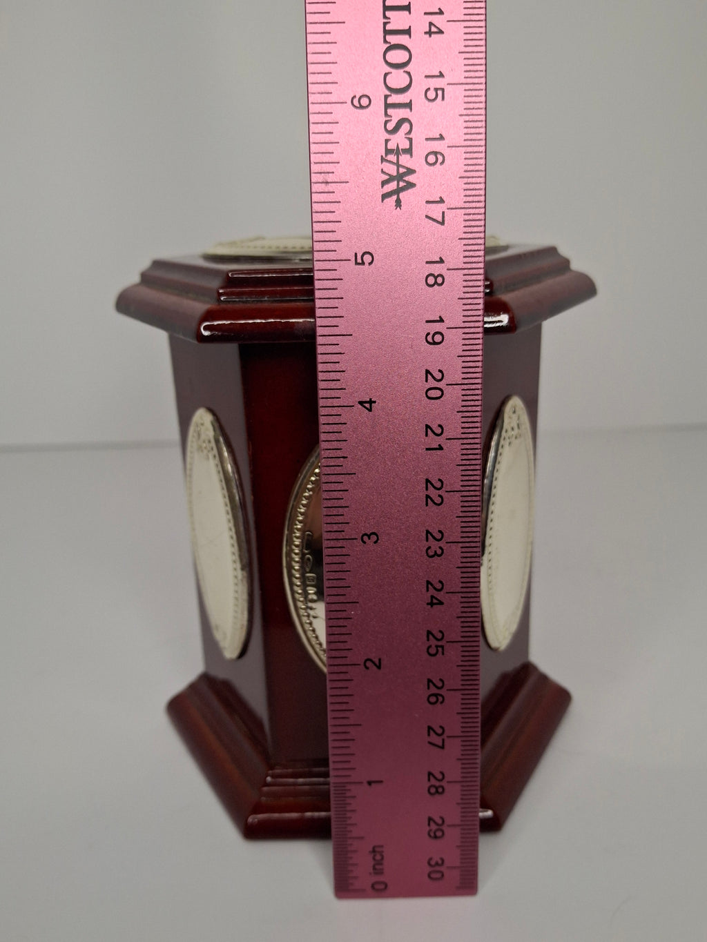 Modern Israeli Sterling Silver (925) & Mahogany Hexagonal Tzedakah Box - Engraved Plaques, Plastic Coin Stopper Judaica