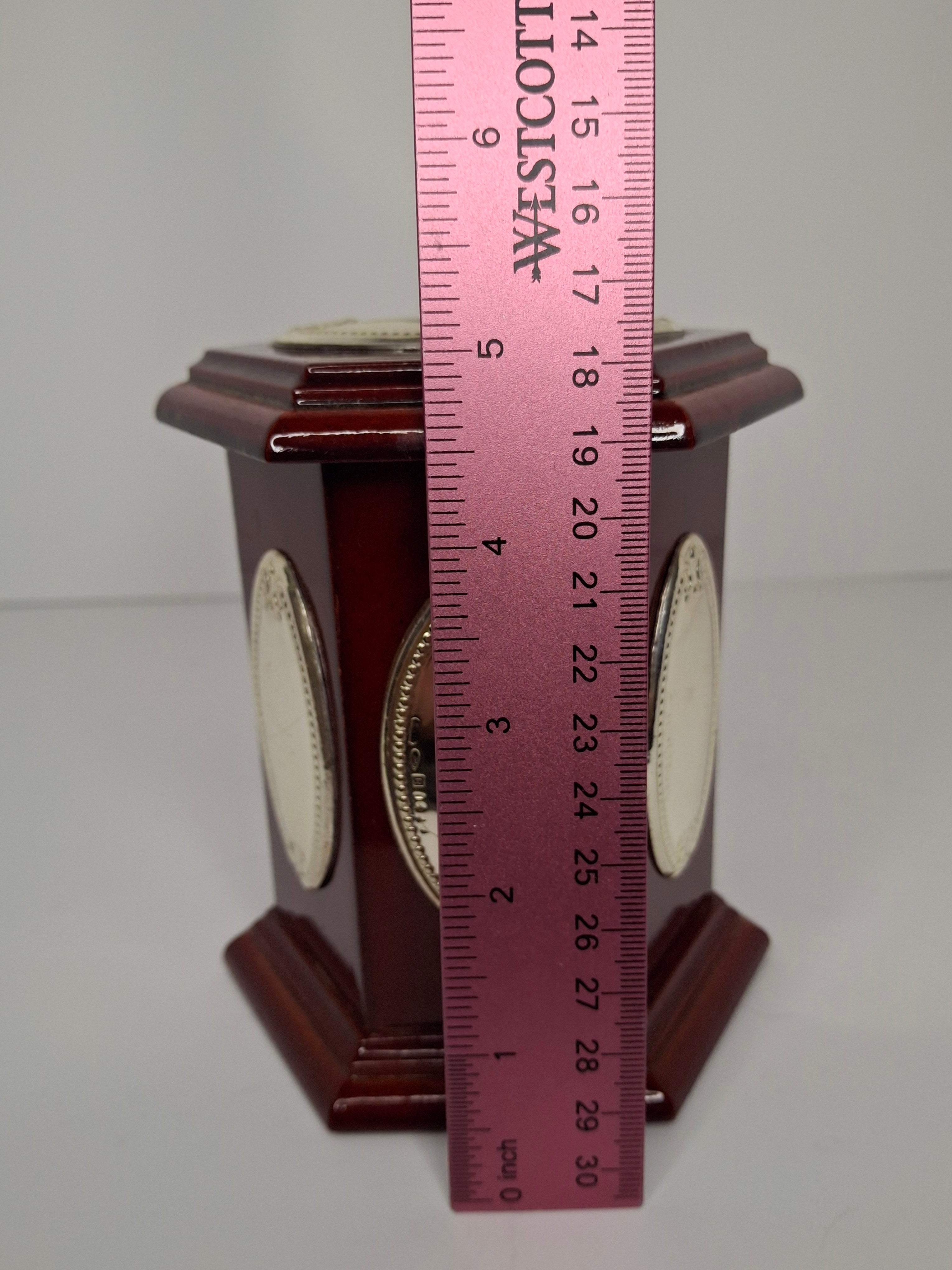 Modern Israeli Sterling Silver (925) & Mahogany Hexagonal Tzedakah Box - Engraved Plaques, Plastic Coin Stopper Judaica