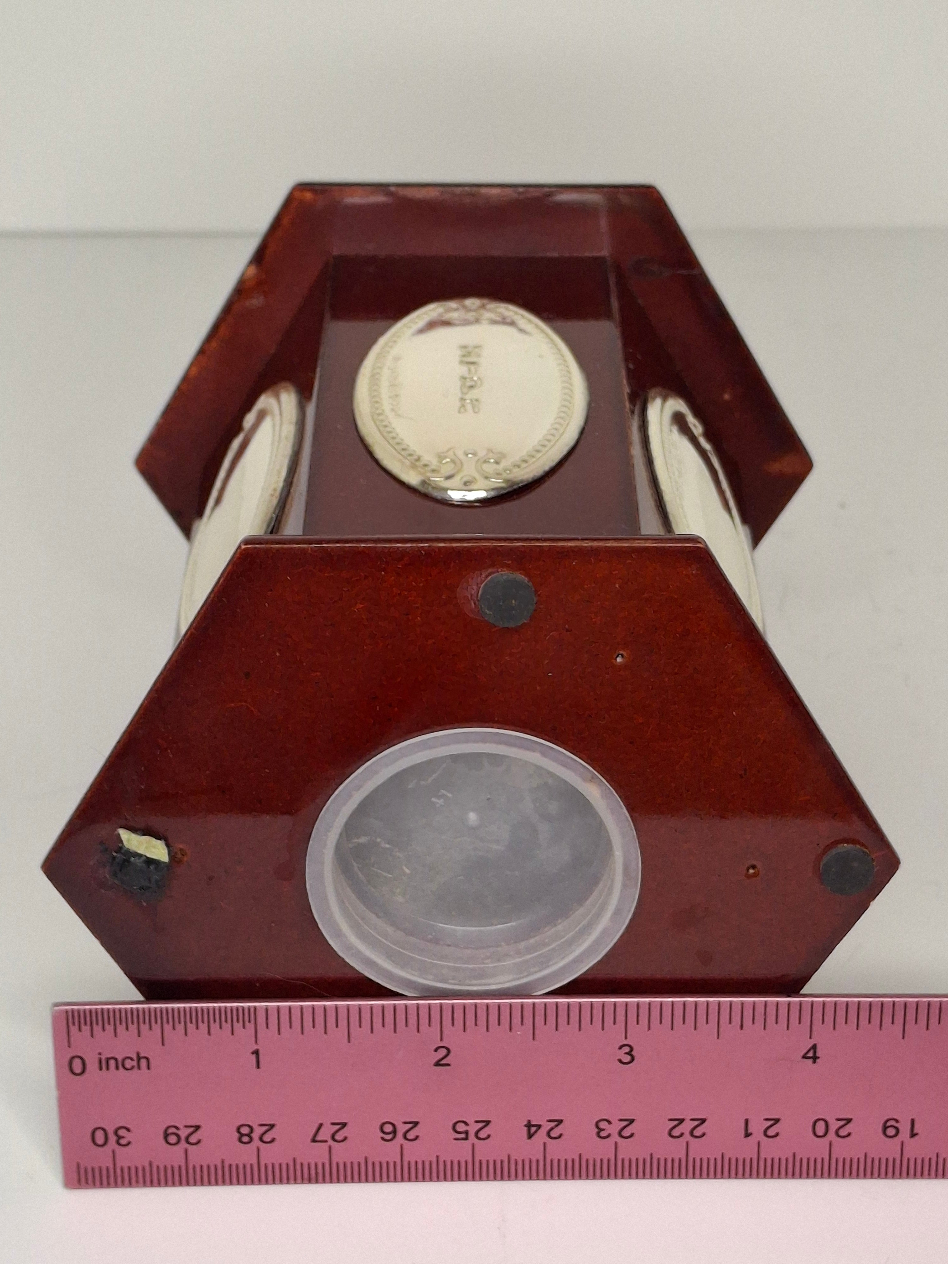 Modern Israeli Sterling Silver (925) & Mahogany Hexagonal Tzedakah Box - Engraved Plaques, Plastic Coin Stopper Judaica