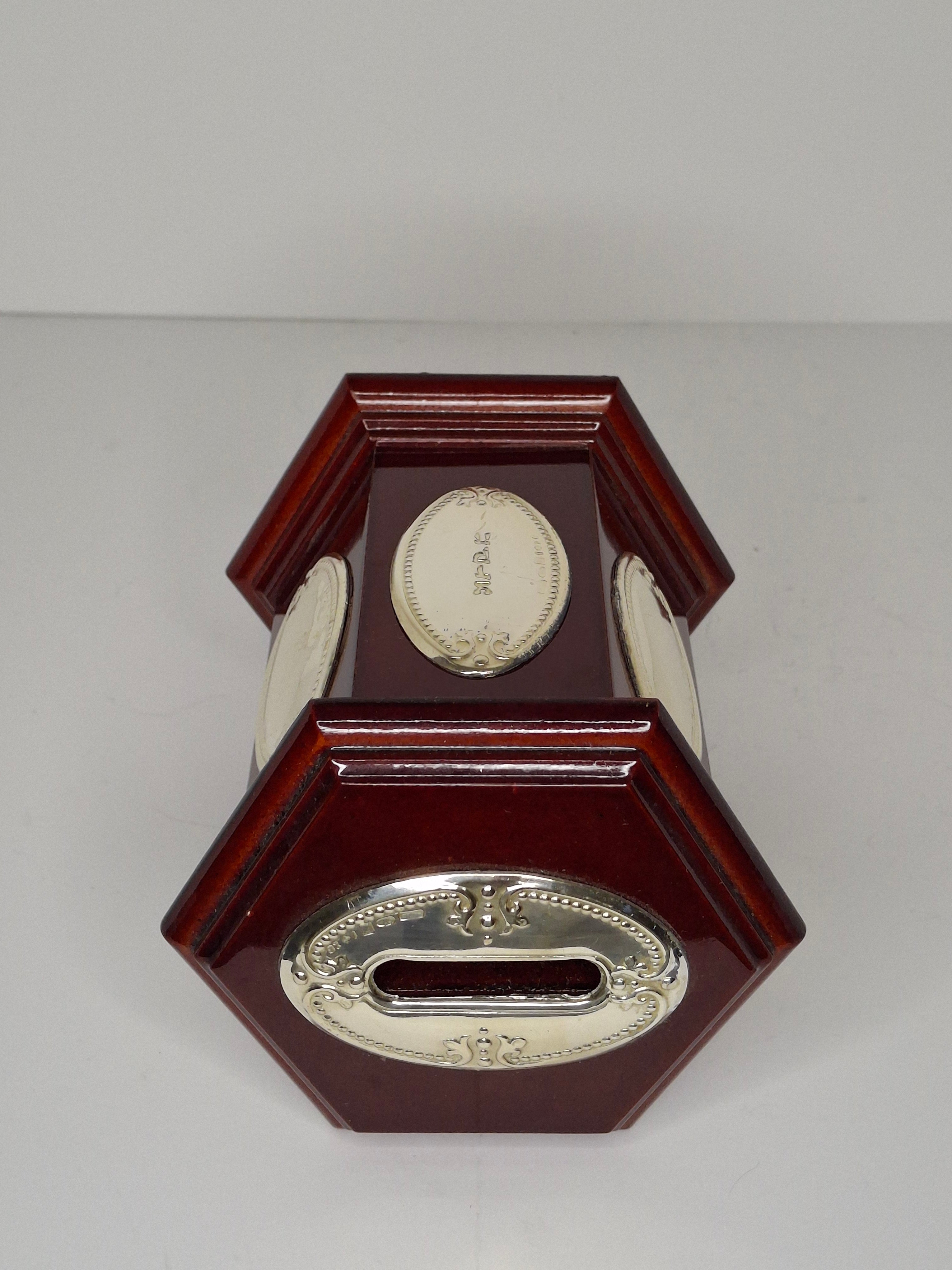 Modern Israeli Sterling Silver (925) & Mahogany Hexagonal Tzedakah Box - Engraved Plaques, Plastic Coin Stopper Judaica