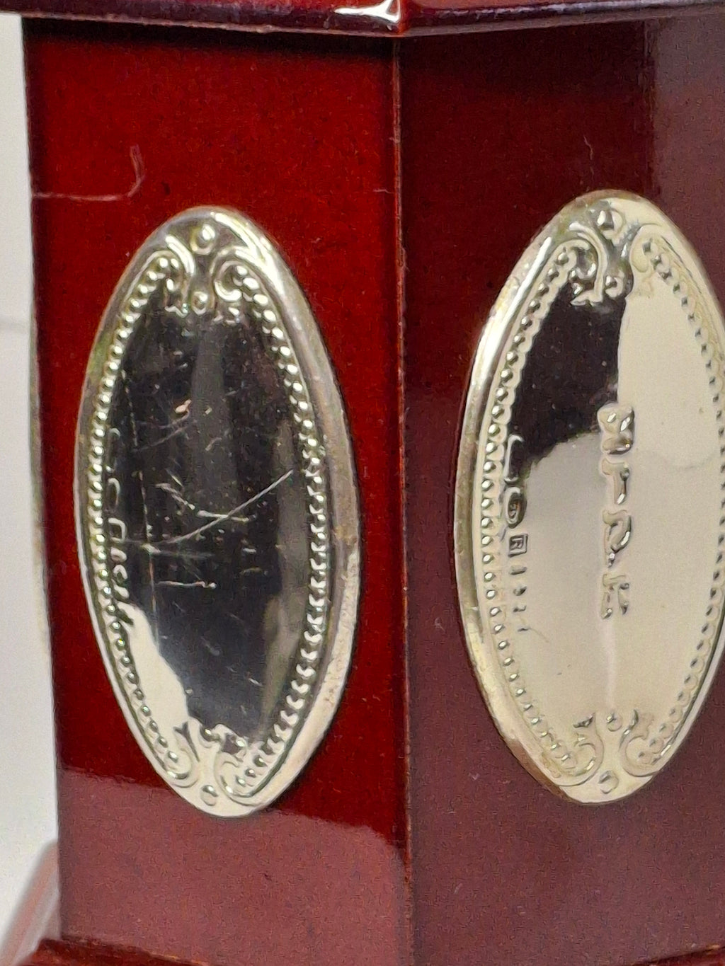 Modern Israeli Sterling Silver (925) & Mahogany Hexagonal Tzedakah Box - Engraved Plaques, Plastic Coin Stopper Judaica